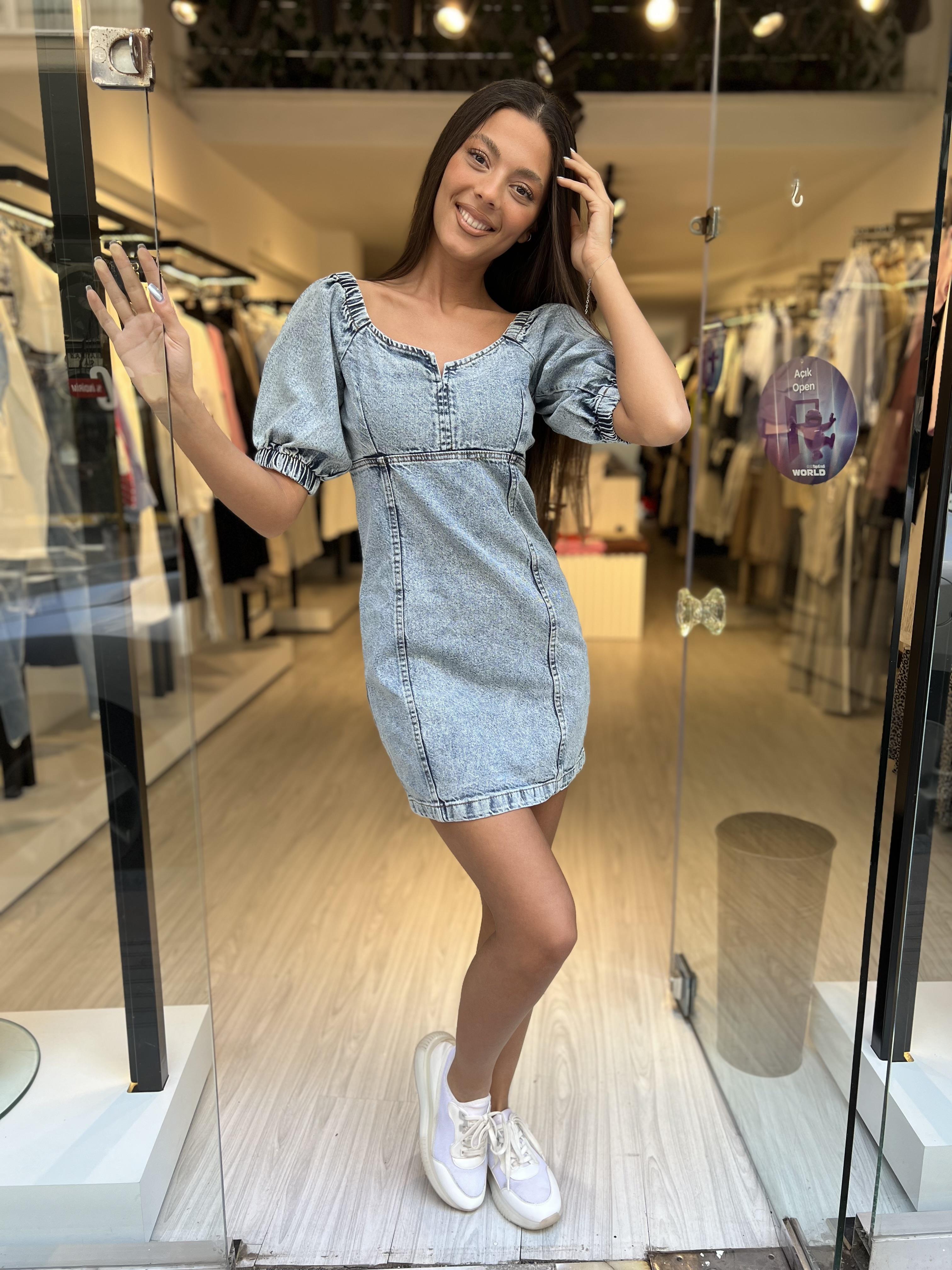 Yaka Detaylı Kot Elbise-Mavi