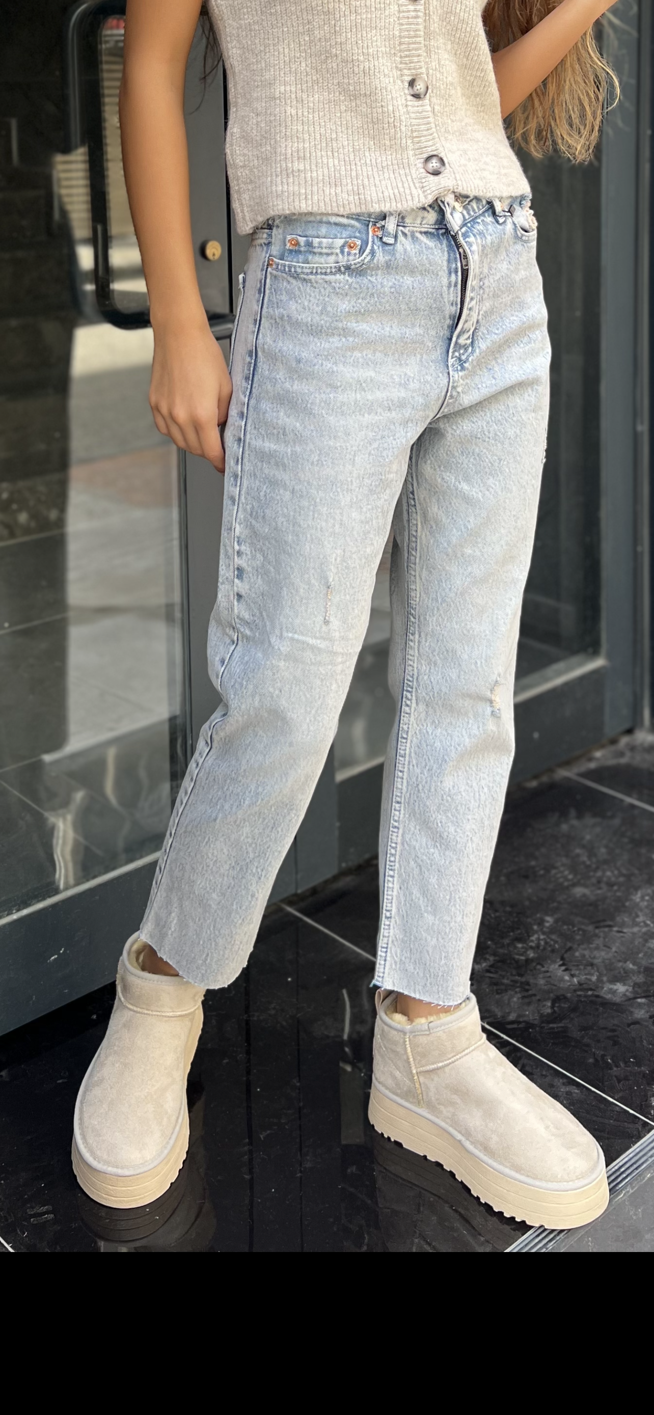 Yıpratmalı Mom Jean -Açık Mavi