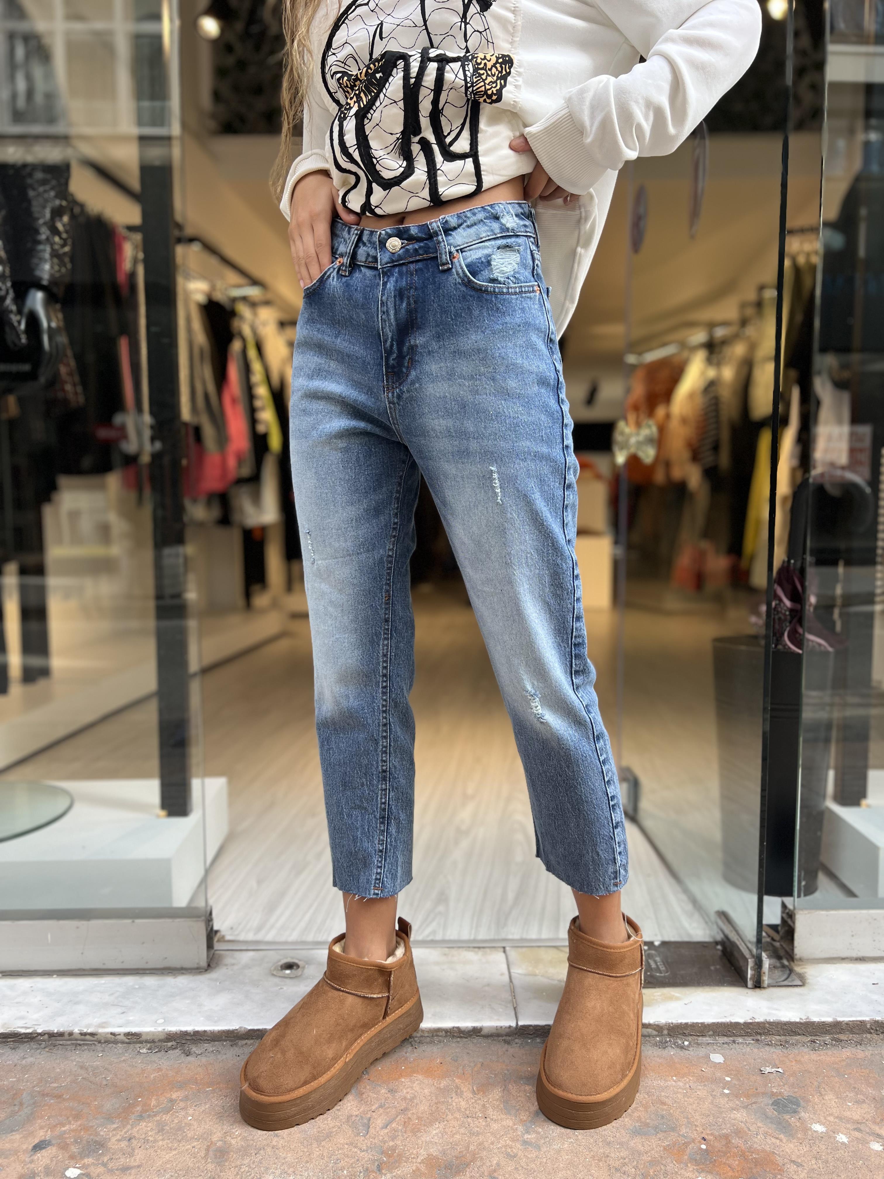 Yıpratmalı Mom Jean-Koyu Mavi