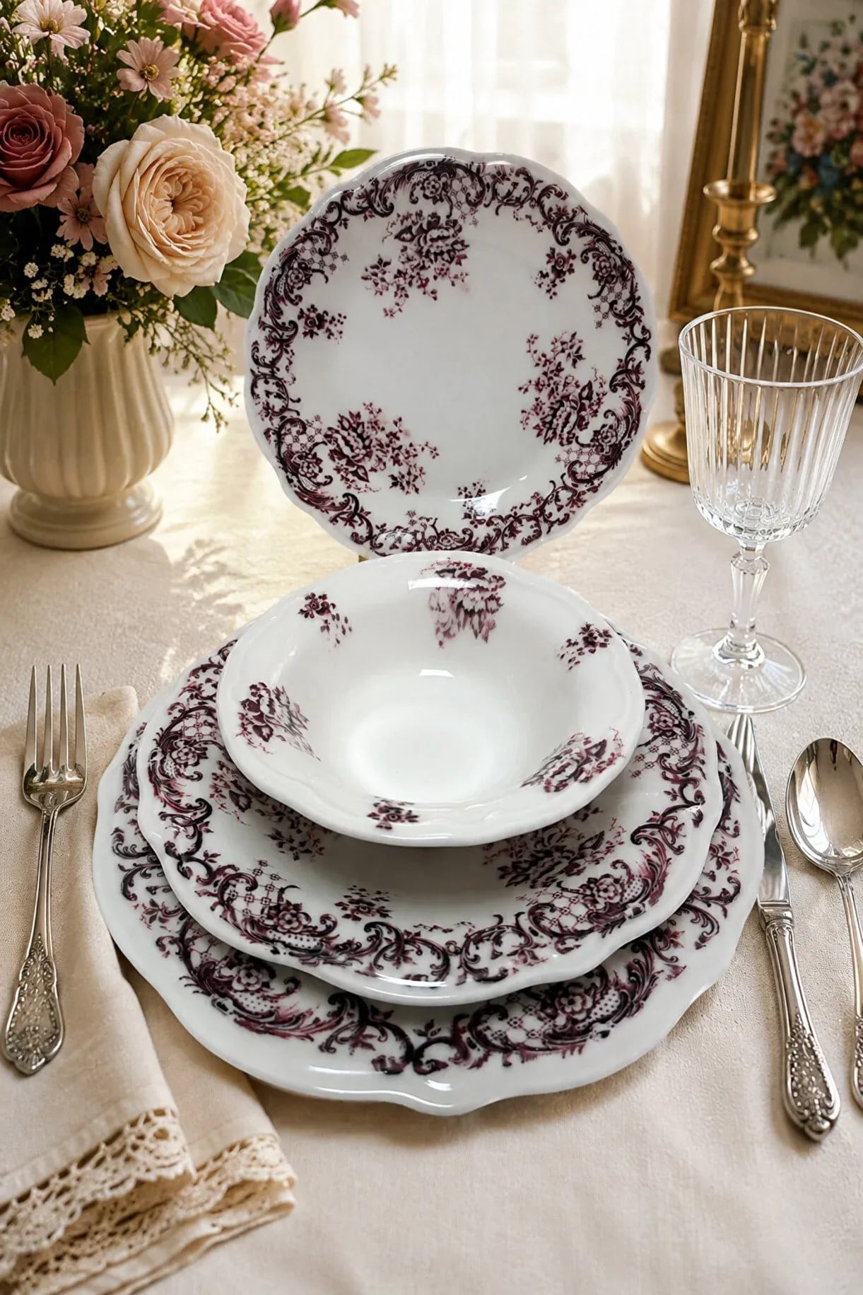 24 Parça 6 Kişilik Mürdüm Floral Desen Porselen Yemek Takımı