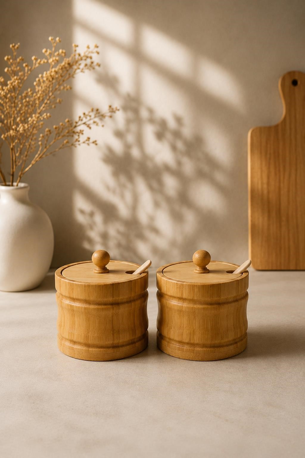 2'li Bambu Baharatlık Seti Kaşıklı Kapaklı Tuzluk Şekerlik Kahve ve Baharat Saklama Kavanozu 9x9 cm