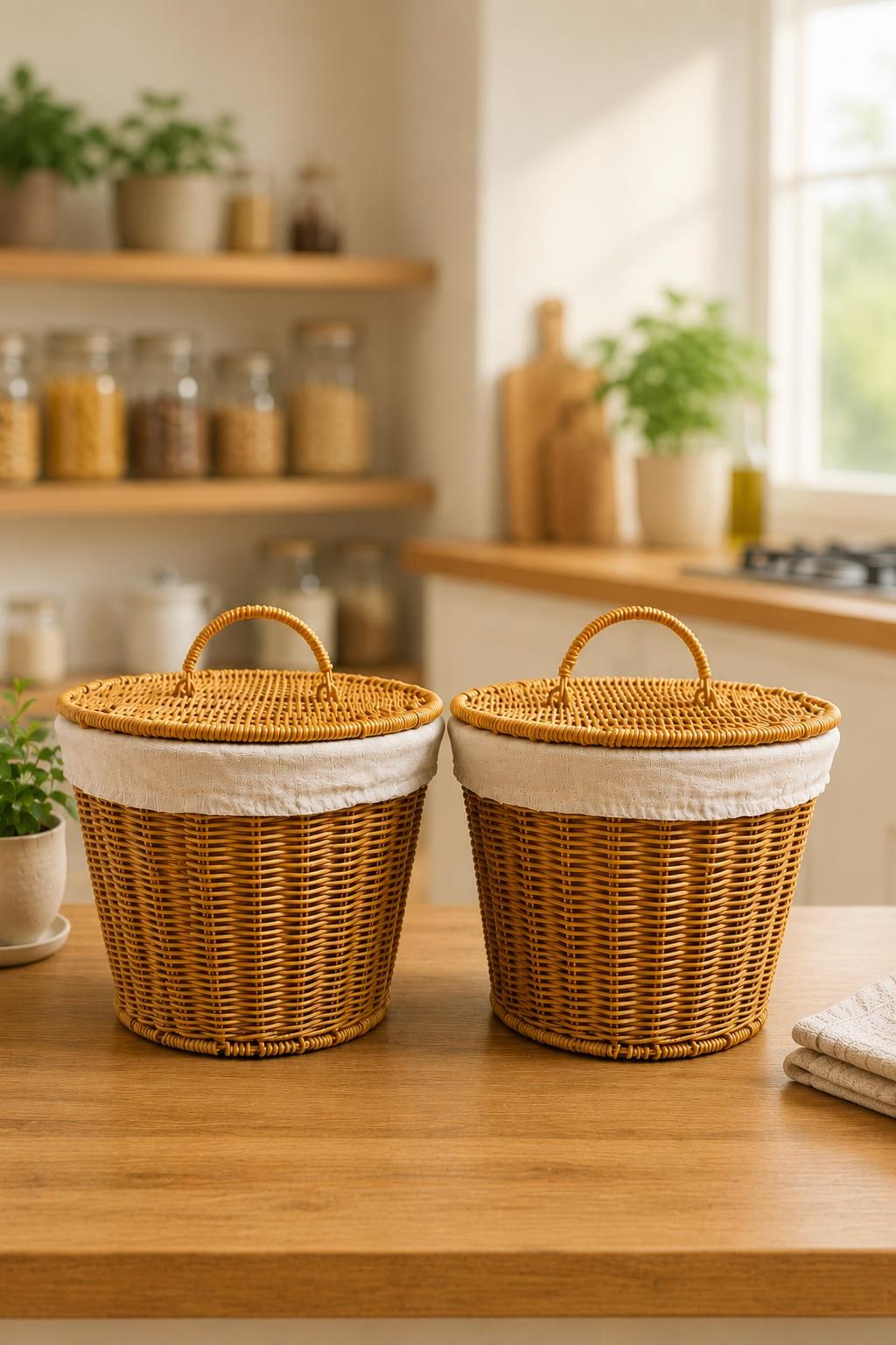 2'li El Yapımı Kapaklı Rattan Sepet Dekoratif Düzenleyici Patates Soğan Sepeti Kiler Organizeri