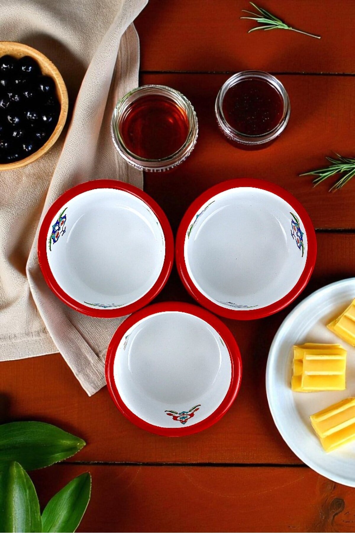 3 Parça 10Cm Emaye Dik Tabak Set , Kahvaltı Tabağı, Reçellik, Zeytin, Peynir Tabağı, Çeyiz, Hediye