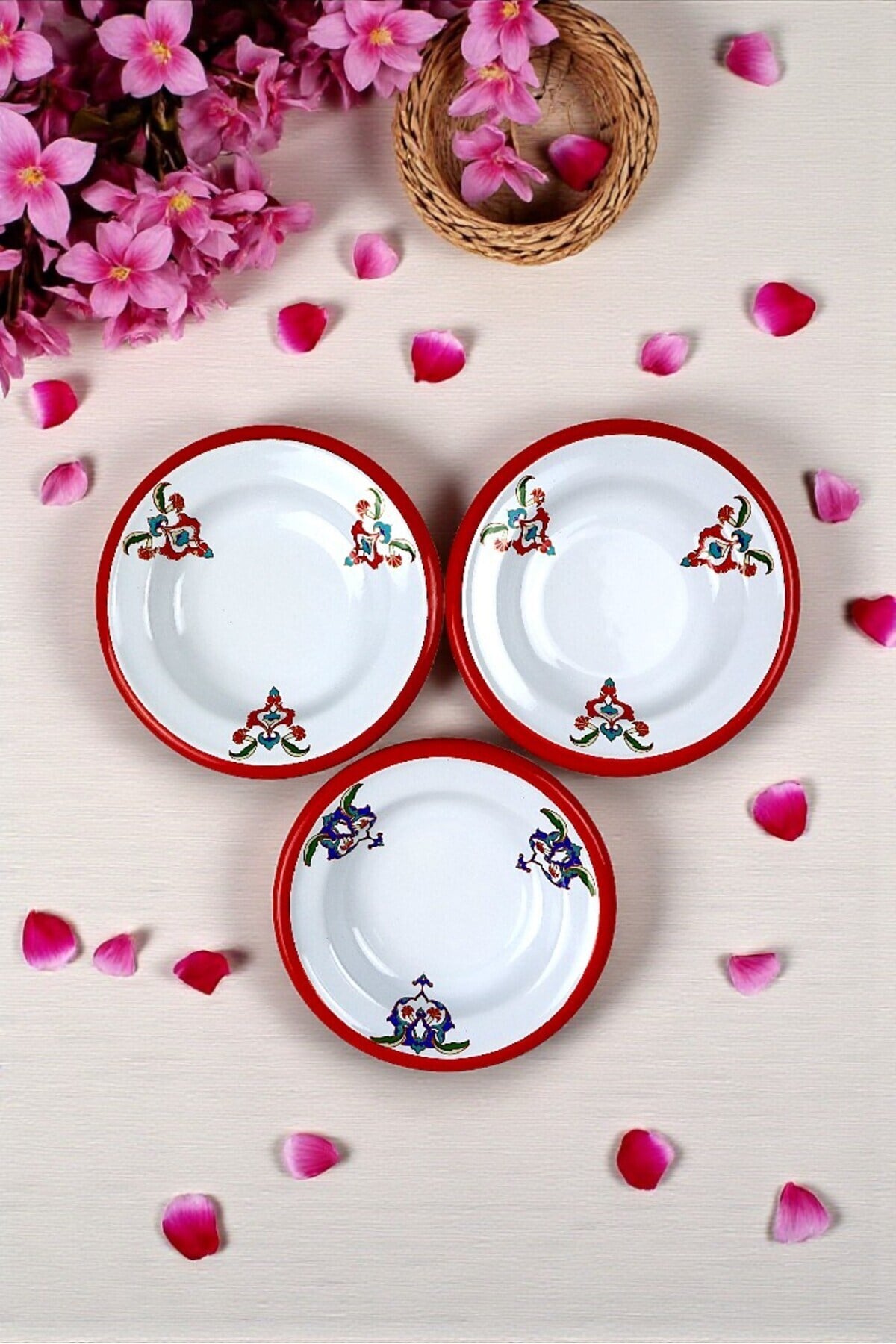 3 Parça 14Cm Emaye Tabak Set ,Kahvaltı Tabağı,Reçellik, Zeytin, Peynir Tabağı, Çeyiz, Yılbaşı Hediye