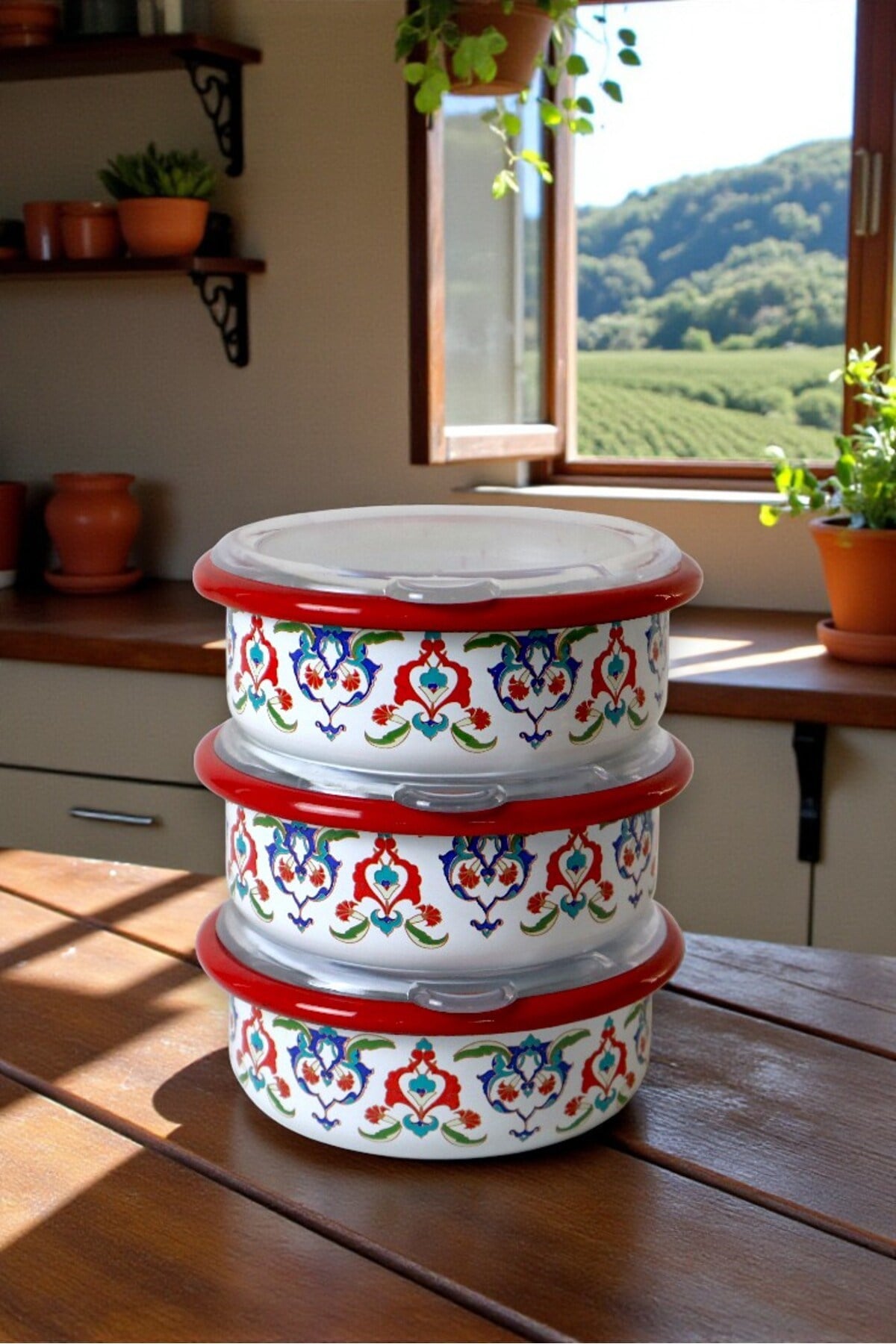 3 Parça Orta Boy,kapaklı,Desenli Emaye Kahvaltı Seti,Sunum,Kahvaltı Tabağı, Reçellik,Zeytin