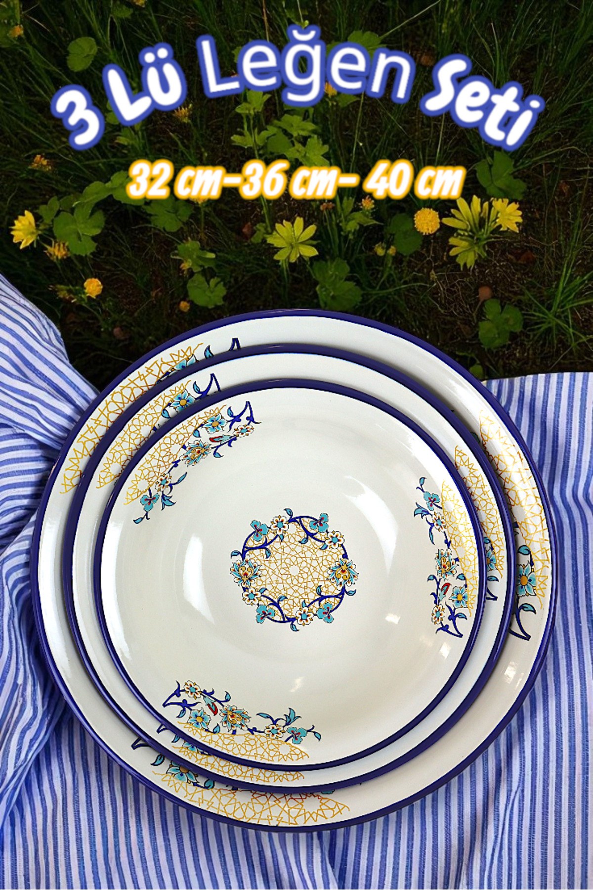 32 Cm-36 Cm-40 Cm 3 Lü Emaye Leğen Çırpma Ve Karıştırma Kabı, Hamur Leğeni,Meyvelik, Çeyiz, Hediye,