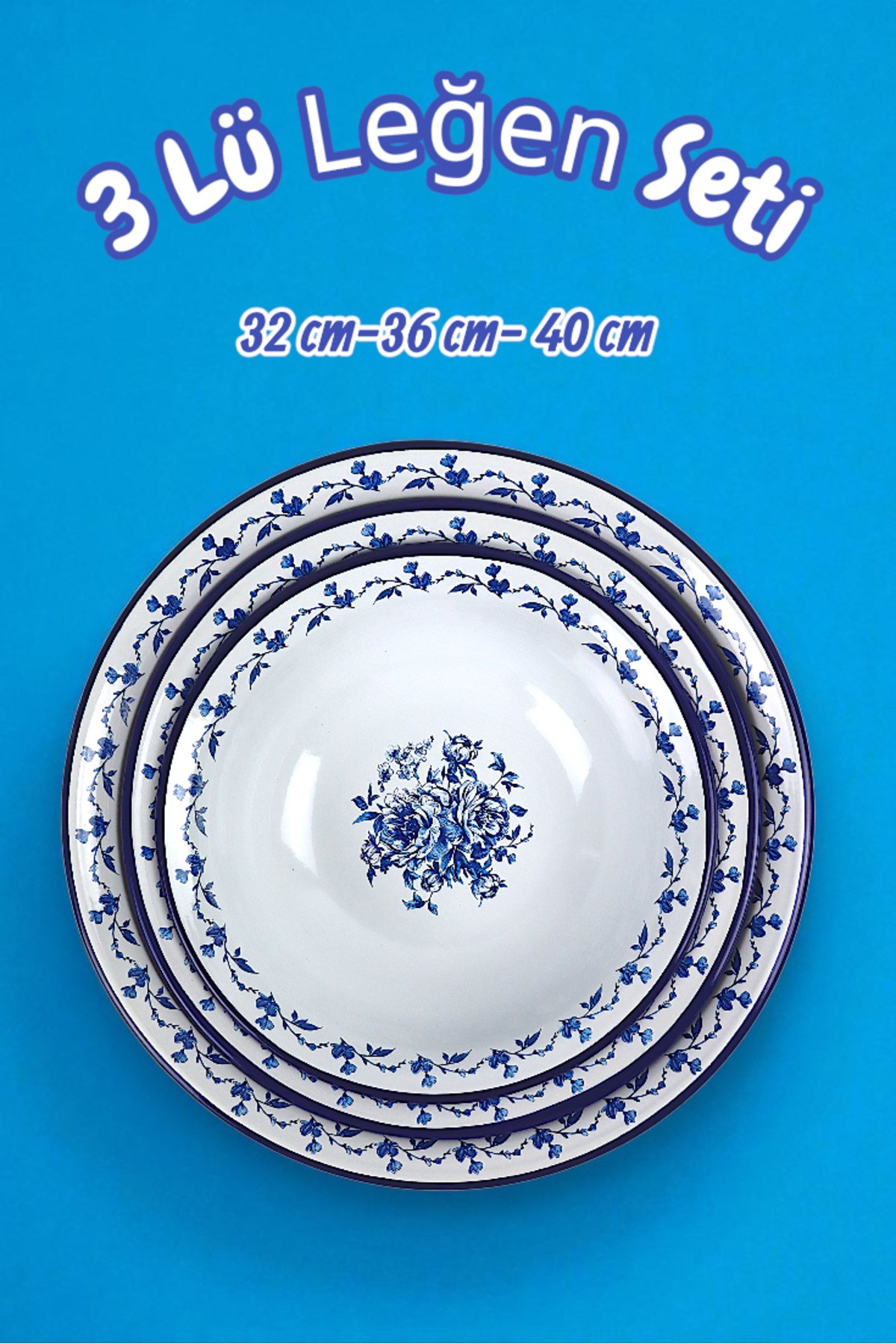 32 Cm-36 Cm-40 Cm 3 Lü Emaye Leğen Çırpma Ve Karıştırma Kabı, Hamur Leğeni,Meyvelik, Çeyiz, Hediye,