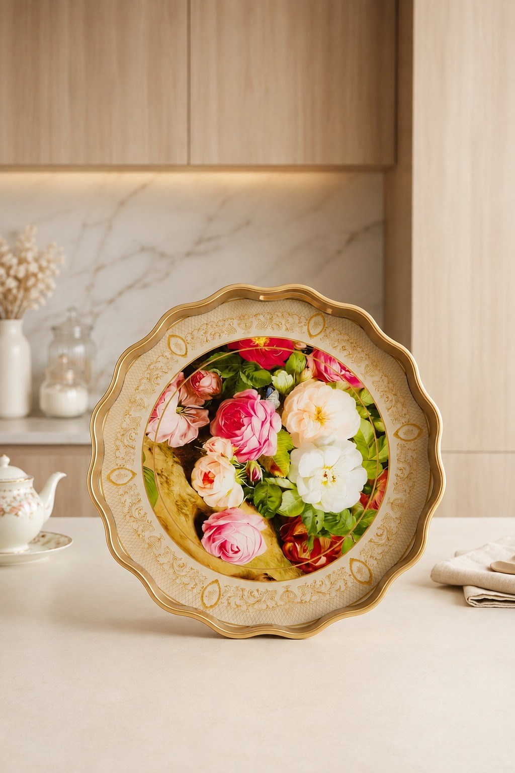 38,5 cm Yuvarlak Gold Tepsi Pembe ve Beyaz Gül Desenli Dekoratif Sunum ve Servis Tepsisi