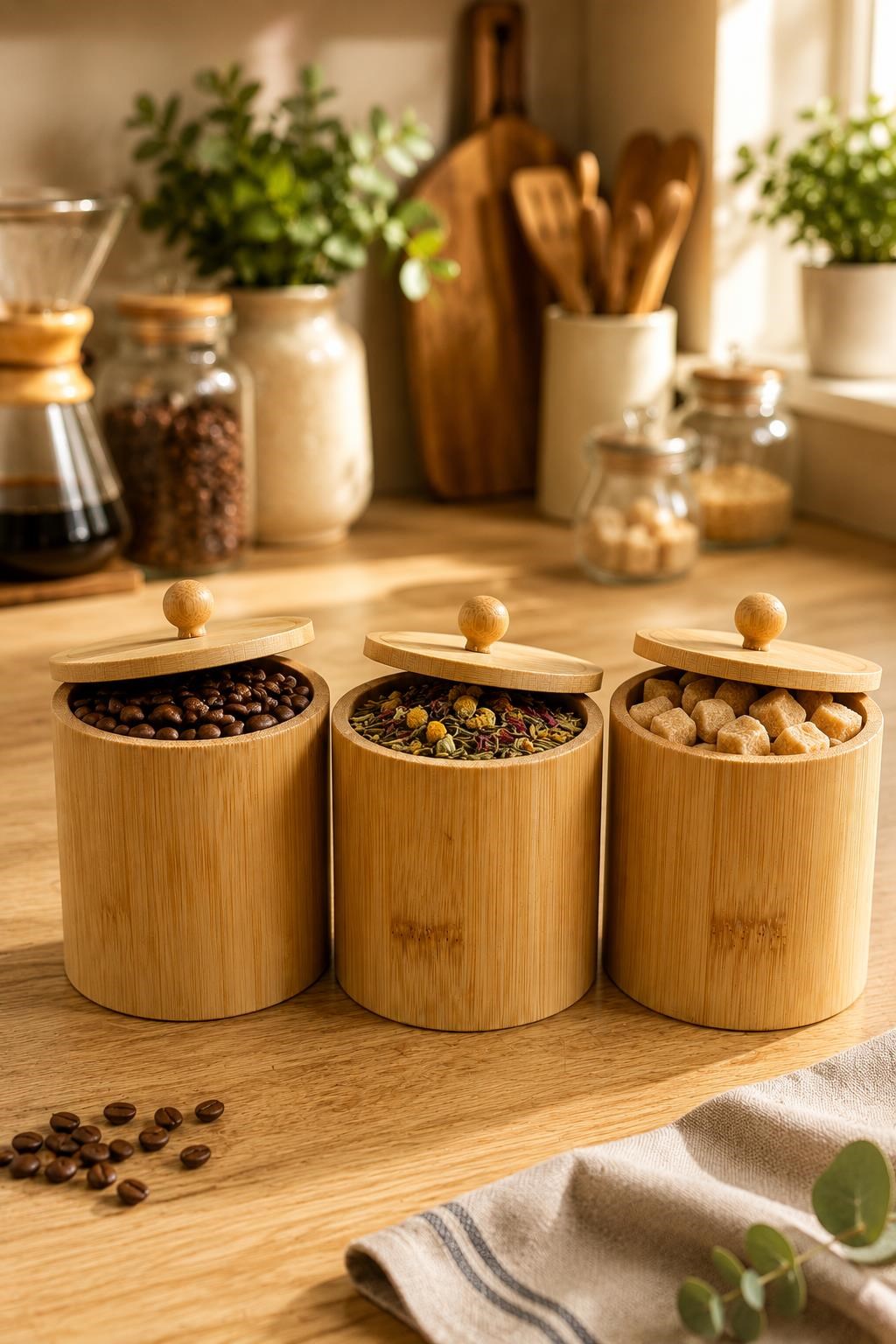 3'Lü Bambu Saklama Kutusu Kapaklı Kahve Çay Şeker Baharat Kavanozu Mutfak Düzenleyici 10x8 cm