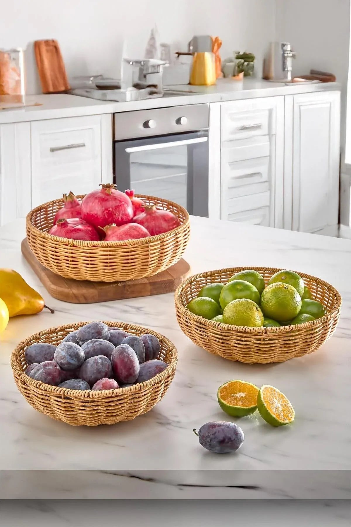 3'lü Sepet Seti Çok Amaçlı Hasır Rattan Organizer – Meyvelik ve Ekmeklik