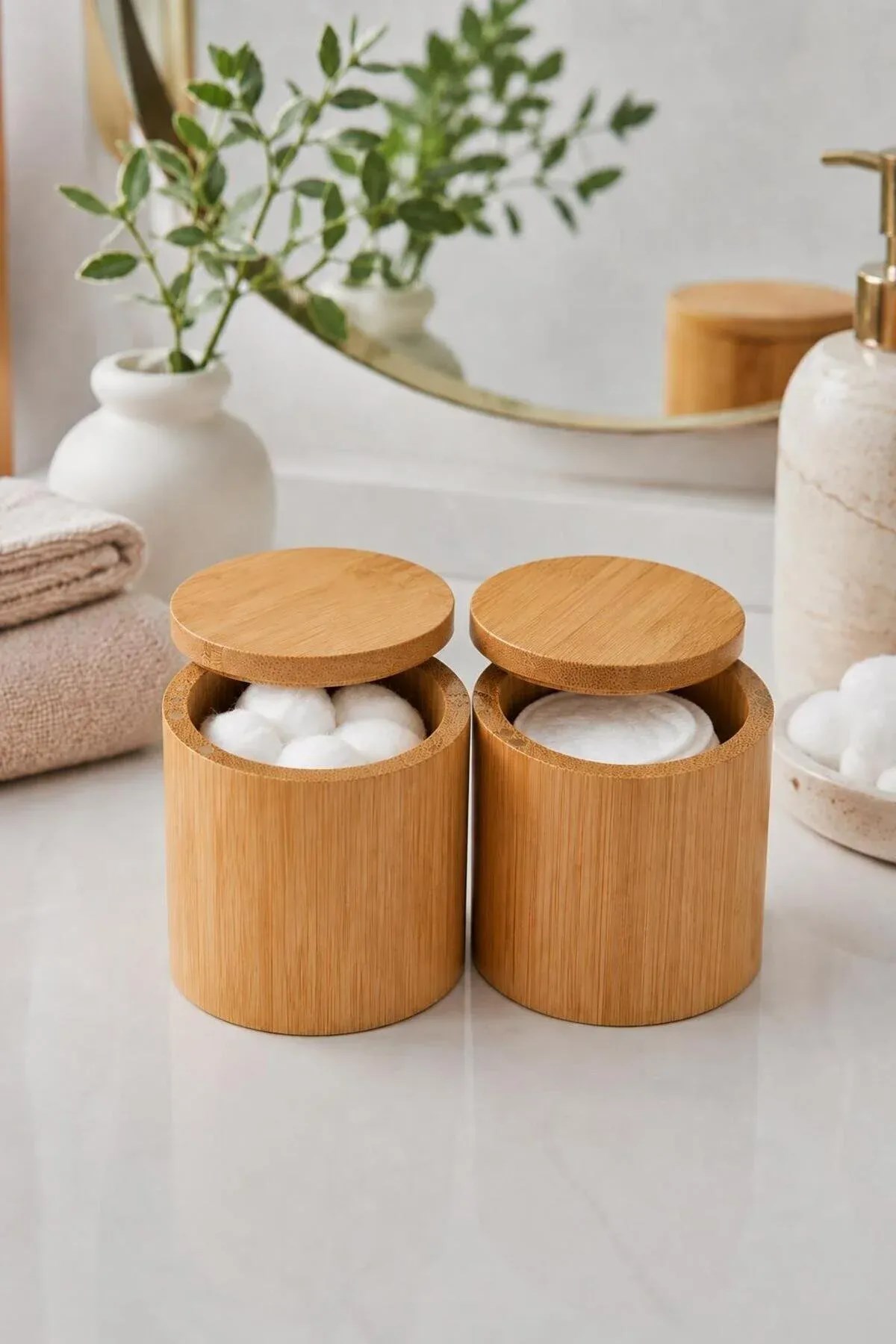 Bambu Kapaklı Makyaj Pamuğu Saklama Kutusu 8x8 cm