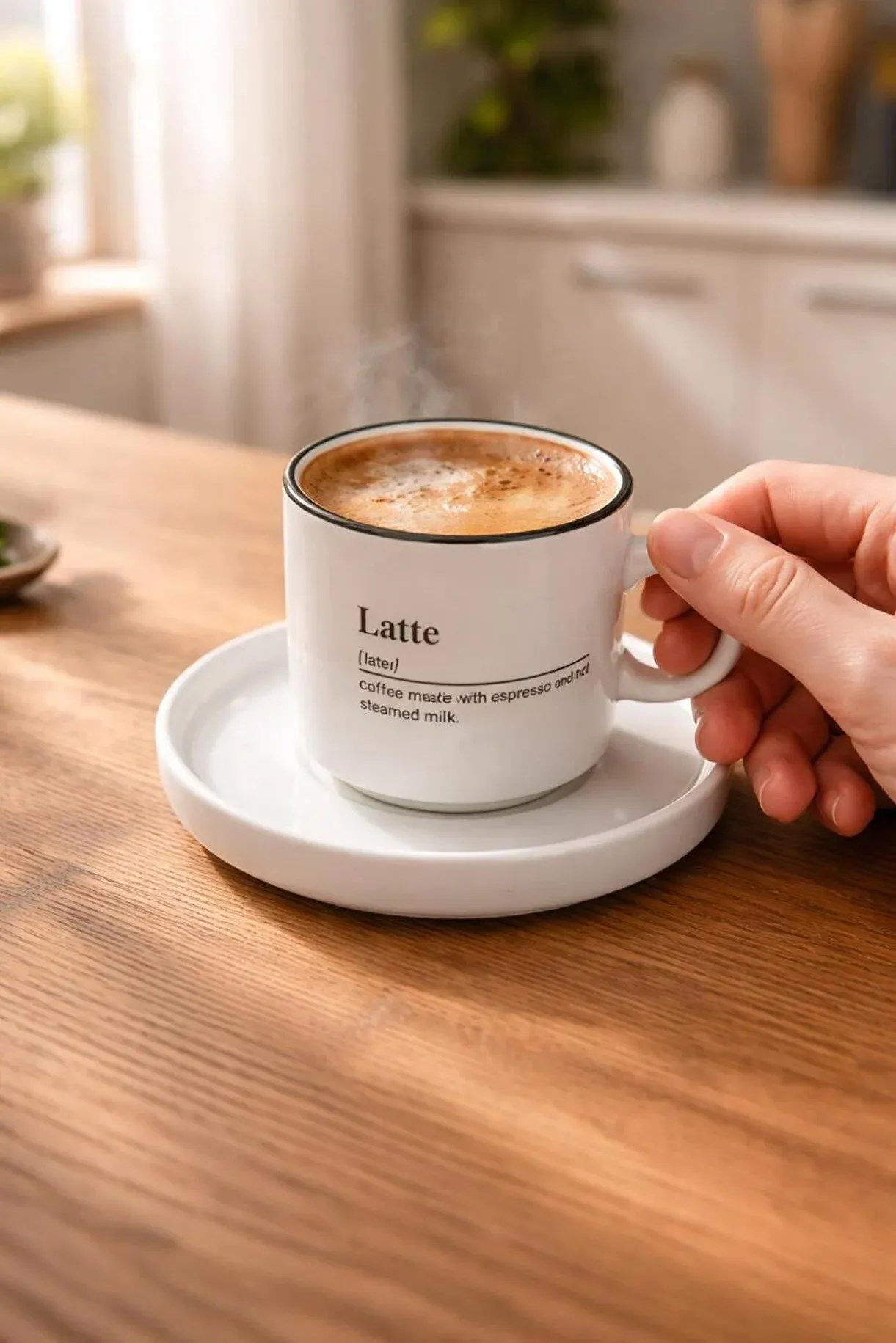 Latte Yazılı Kahve Fincanı ve Tabağı – Siyah Çerçeve Detaylı Set