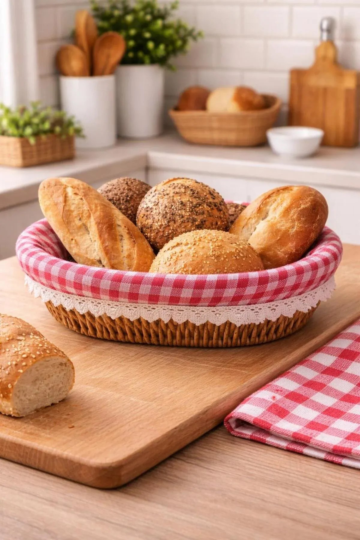Oval Rattan Ekmeklik – Pötikare Kumaşlı Ekmek Sepeti