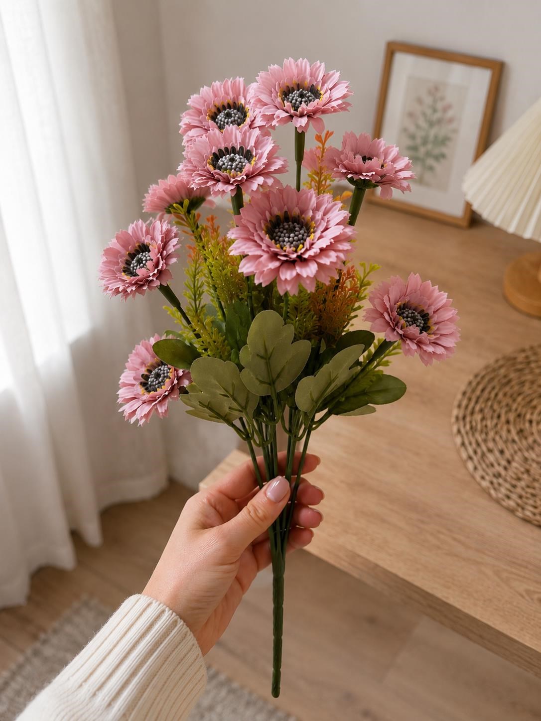 Pudra Pembe Yapay Gerbera Çiçek Demeti Dekoratif Vazo Çiçeği Ev Ofis Süsü 41 cm