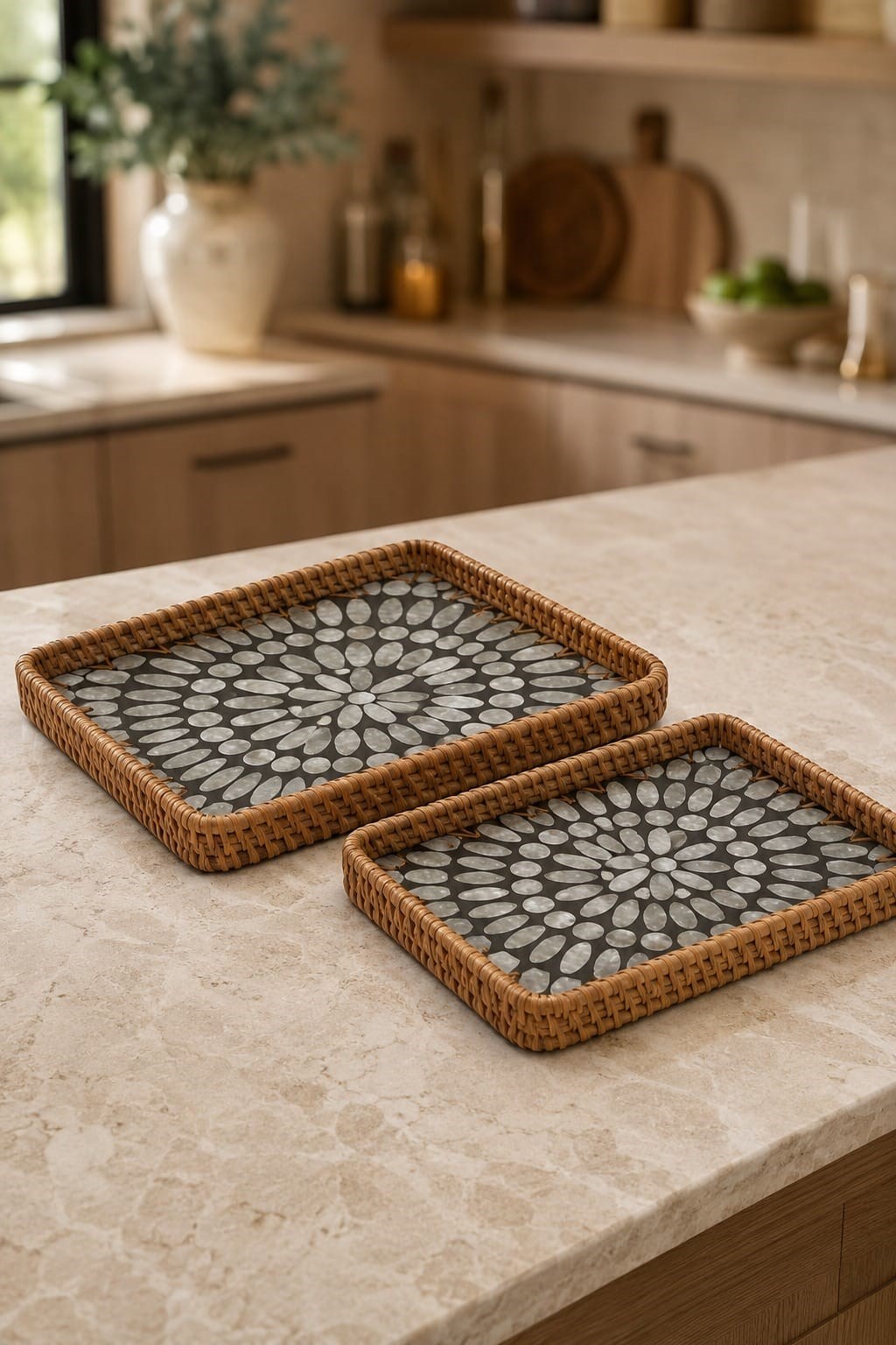 Sedefli Rattan Desenli Sunum Dikdörtgen Tepsi Seti 2'li 34/29 cm