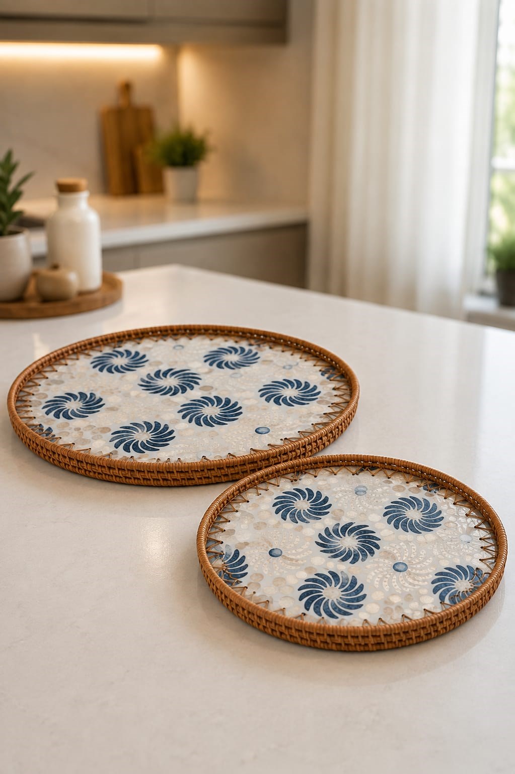 Sedefli Rattan Desenli Yuvarlak Tepsi Seti 2'li 34/29 cm