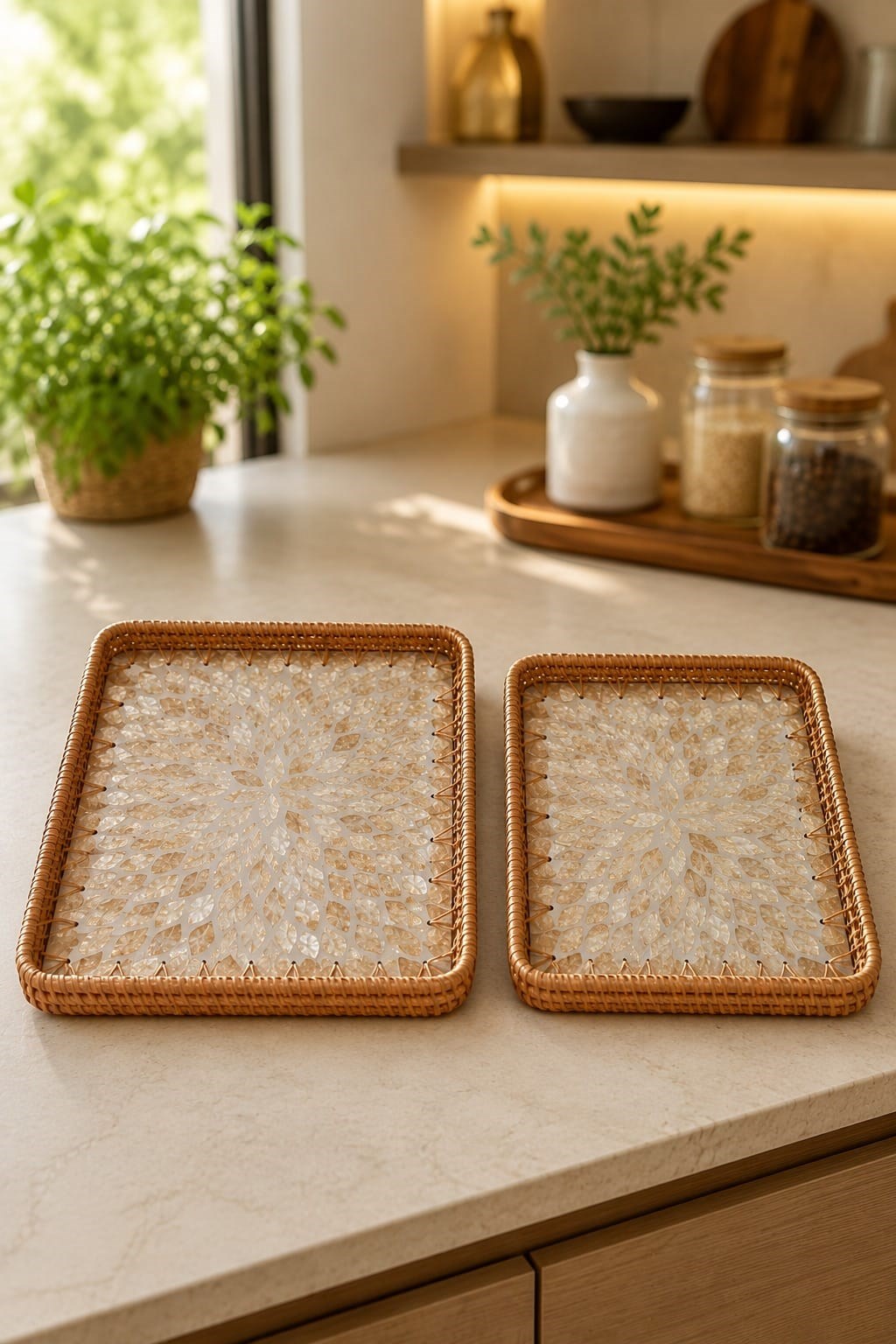 Sedefli Rattan Dikdörtgen Tepsi Seti 2'li 34/29 cm