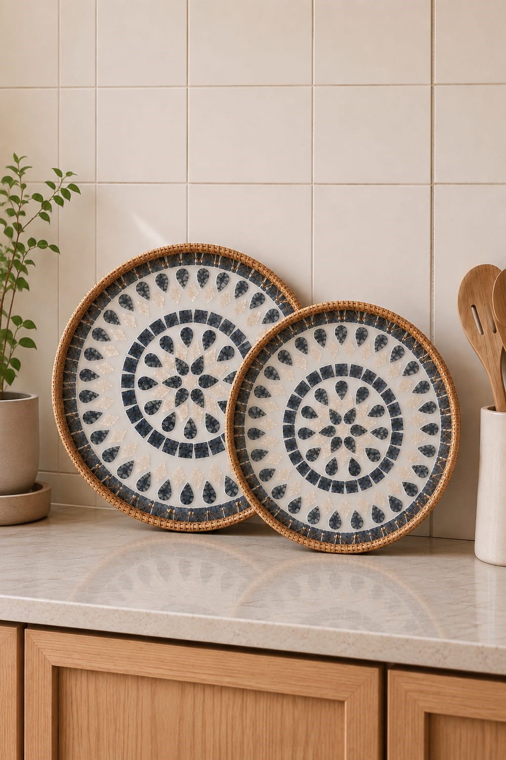 Sedefli Rattan Yuvarlak Sunum Tepsisi Seti 2'li 34/29 cm Dekoratif