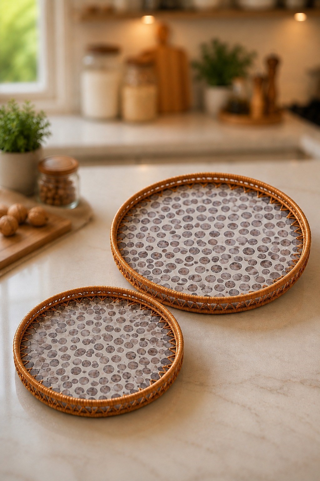 Sedefli Rattan Yuvarlak Tepsi Seti 2'li 34/29 cm