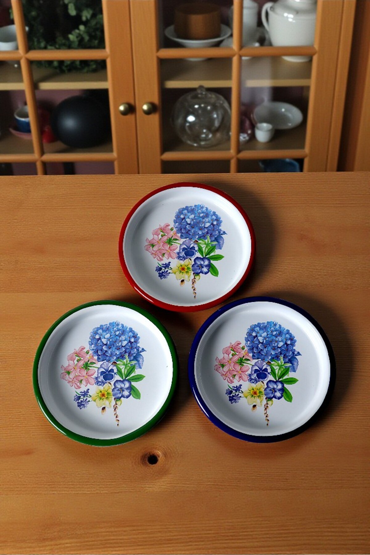16 Cm 3 Parça 3 Renk Emaye Tabak 3 Kişilik Kahve Tabağı, Servis Tabağı Çerez Tabağı, Hediye,