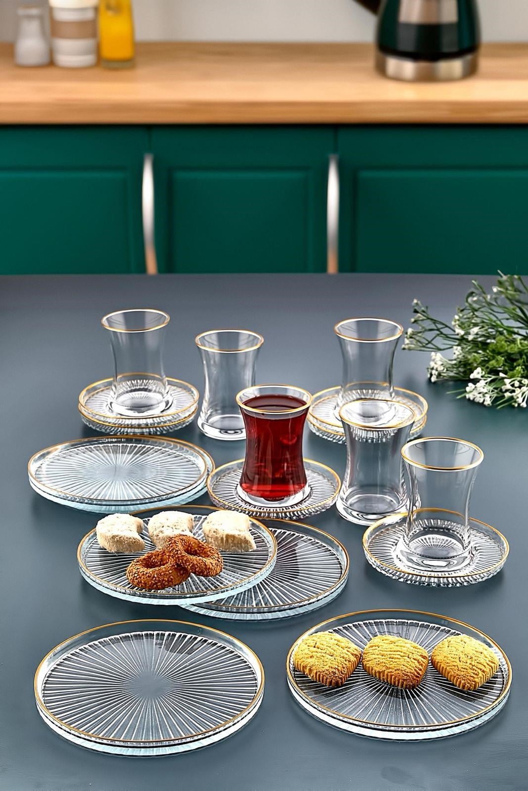 18 Parça Gold Yaldızlı Çay Seti Takımı - Pasta tabağı, Çay Bardağı, Çay Tabağı