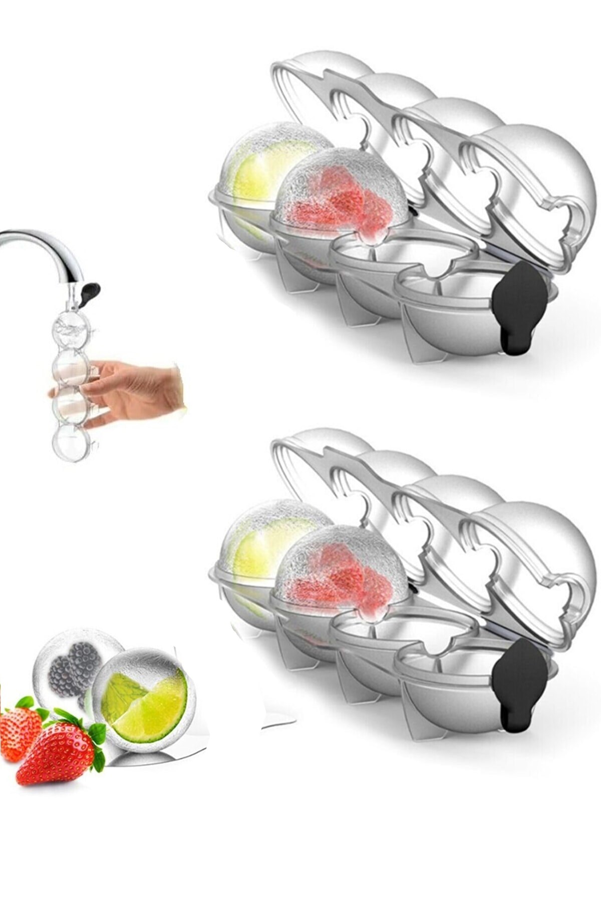 2 Adet 4'Lü Buz Kalıbı, Yuvarlak Meyveli Buz Topu Dondurucu Buzluk Saklama Ve Sunum Kabı (bpa Free)