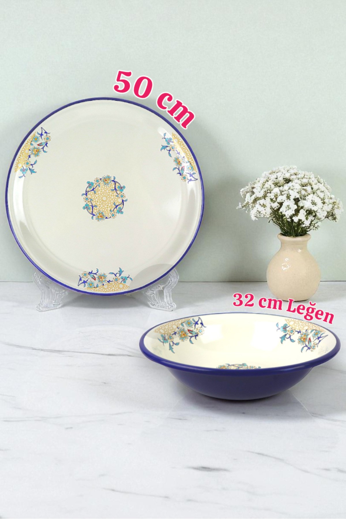2 parça50 No Emaye ve 32 No Leğen Sini Sofra, Sunum Tepsi, Çırpma Ve Karıştırma Kabı