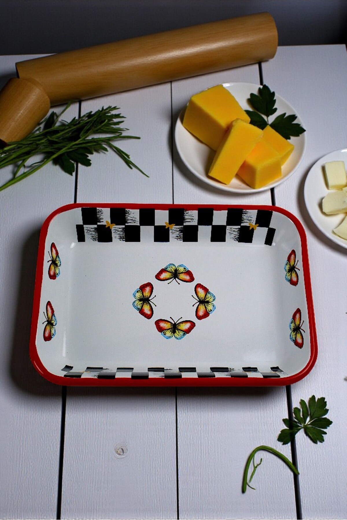 28 No Emaye Dörtgen Tabak Meze Kahvaltılık Kamp Piknik