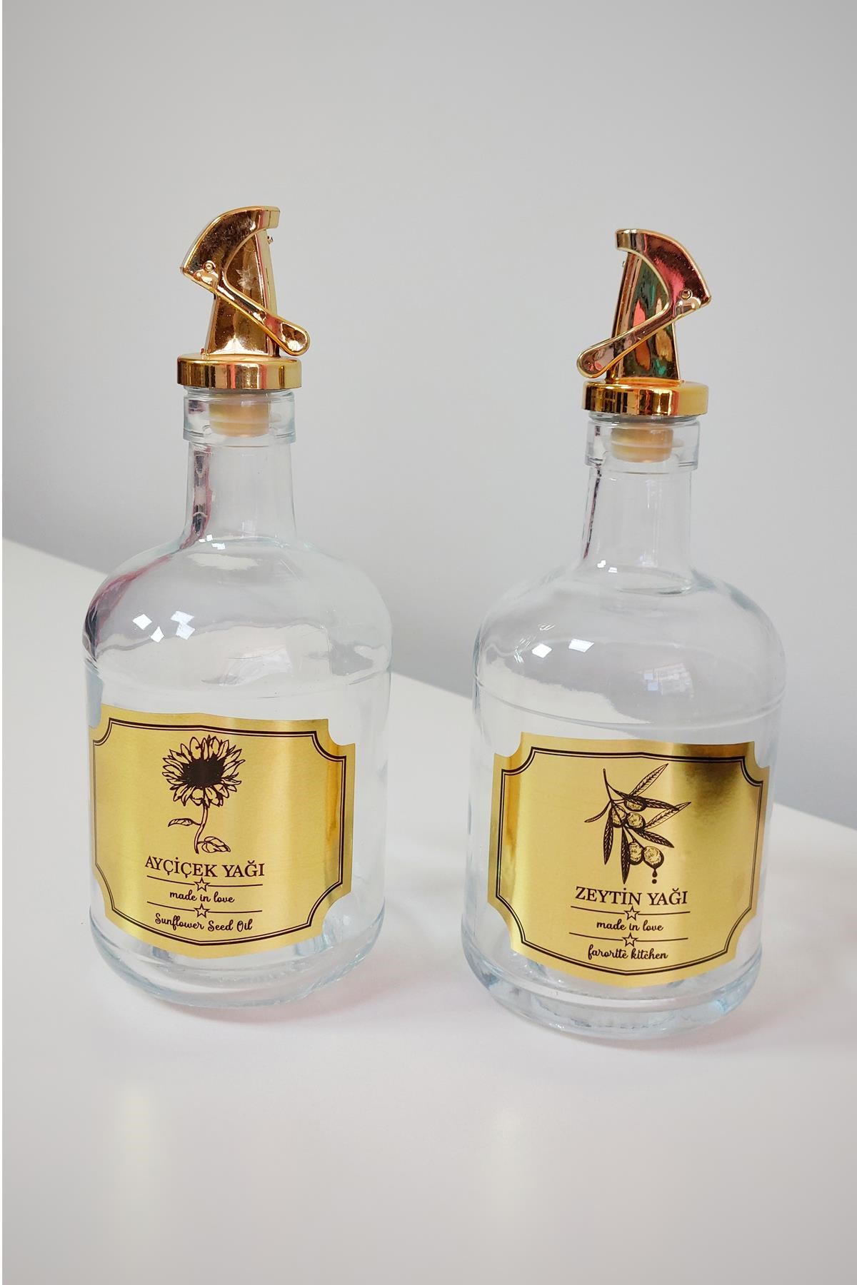 2'li 500 ml Yağlık - Gold Kapaklı Cam Şeffaf Yağdanlık, Gold Etiketli Zeytin Yağı ve Ayçiçek Yağı Şişesi