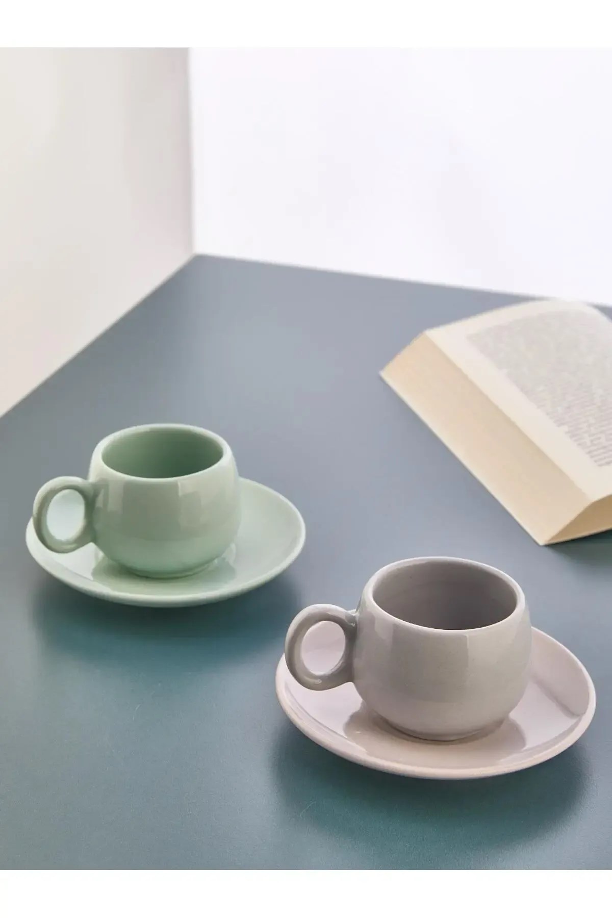 2'li Seramik Kahve Fincan Takımı Yeşil Gri | Espresso & Türk Kahvesi