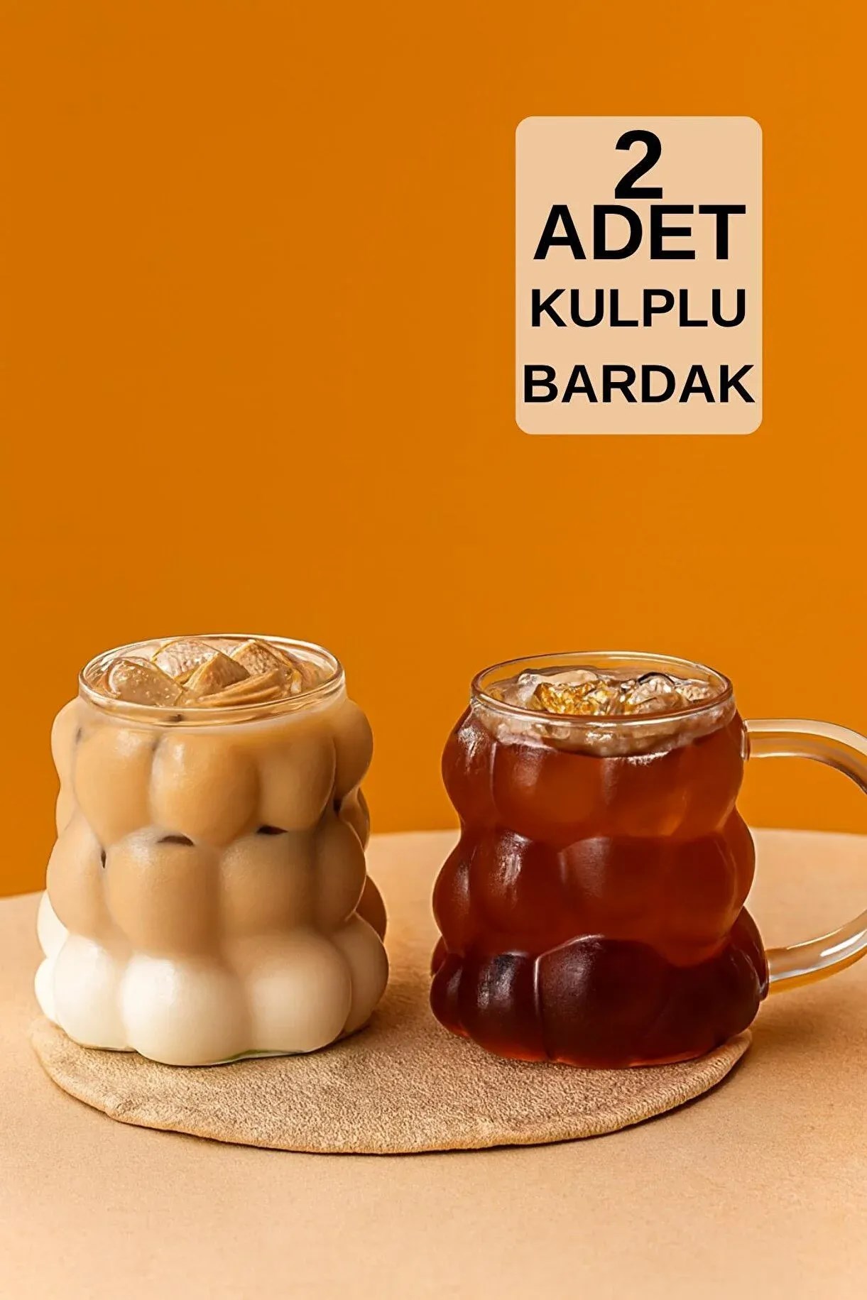2'li Üzüm Desenli Borosilikat Cam Kulplu Bardak Seti