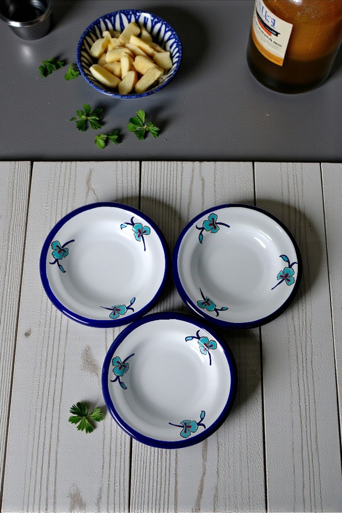 3 Parça 14Cm Emaye Tabak Set ,Kahvaltı Tabağı,Reçellik, Zeytin, Peynir Tabağı, Çeyiz