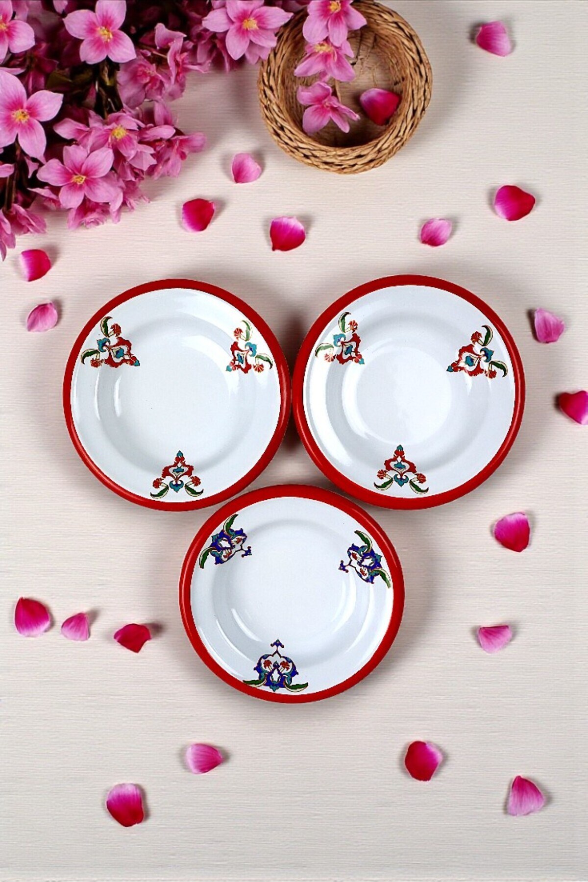 3 Parça 14Cm Emaye Tabak Set ,Kahvaltı Tabağı,Reçellik, Zeytin, Peynir Tabağı, Çeyiz, Yılbaşı Hediye