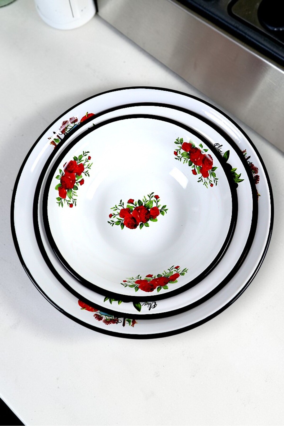 32 Cm-36 Cm-40 Cm 3 Lü Emaye Leğen Çırpma Ve Karıştırma Kabı, Hamur Leğeni,Meyvelik, Çeyiz, Hediye,