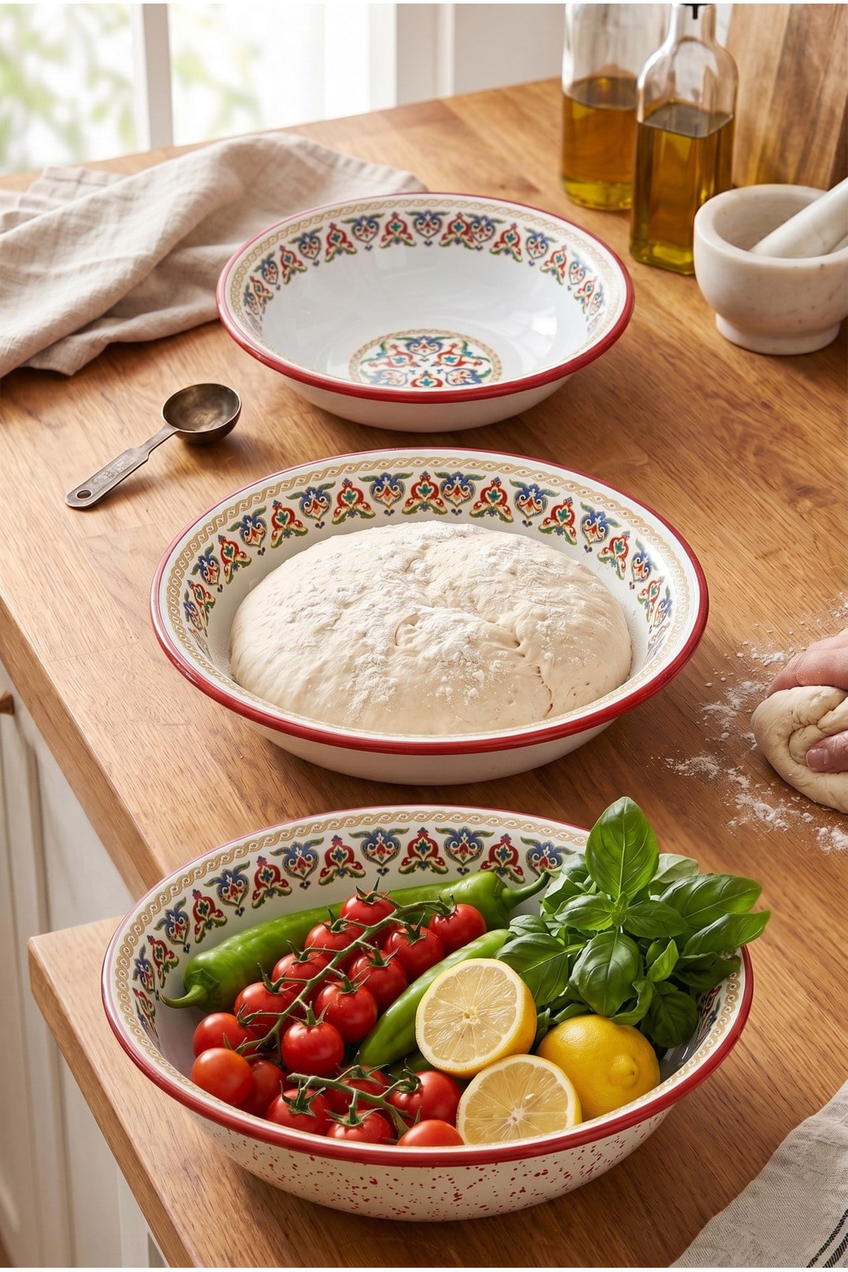 32 Cm-36 Cm-40 Cm 3 Lü Emaye Leğen Çırpma Ve Karıştırma Kabı, Hamur Leğeni,Meyvelik, Çeyiz, Hediye,