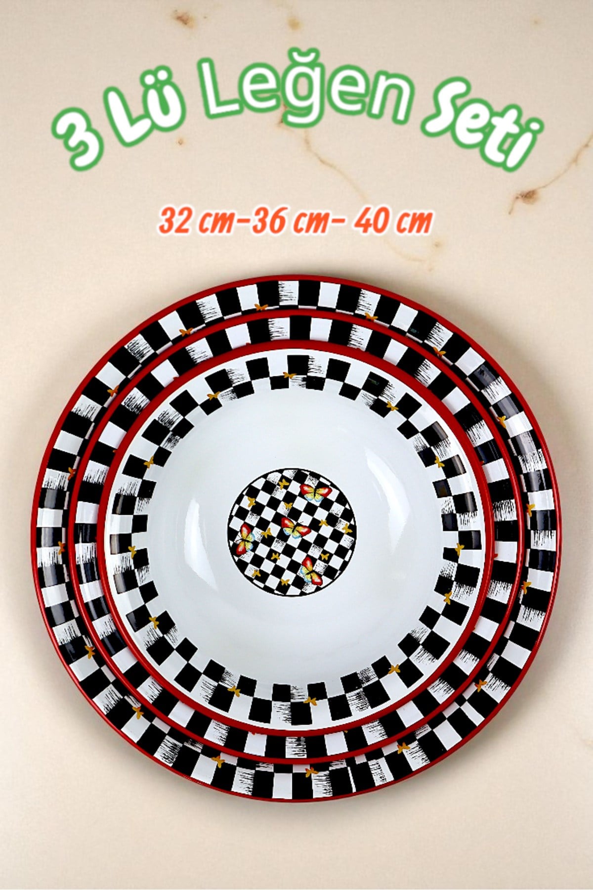 32 Cm-36 Cm-40 Cm 3 Lü Emaye Leğen Çırpma Ve Karıştırma Kabı, Hamur Leğeni,Meyvelik, Çeyiz, Hediye,