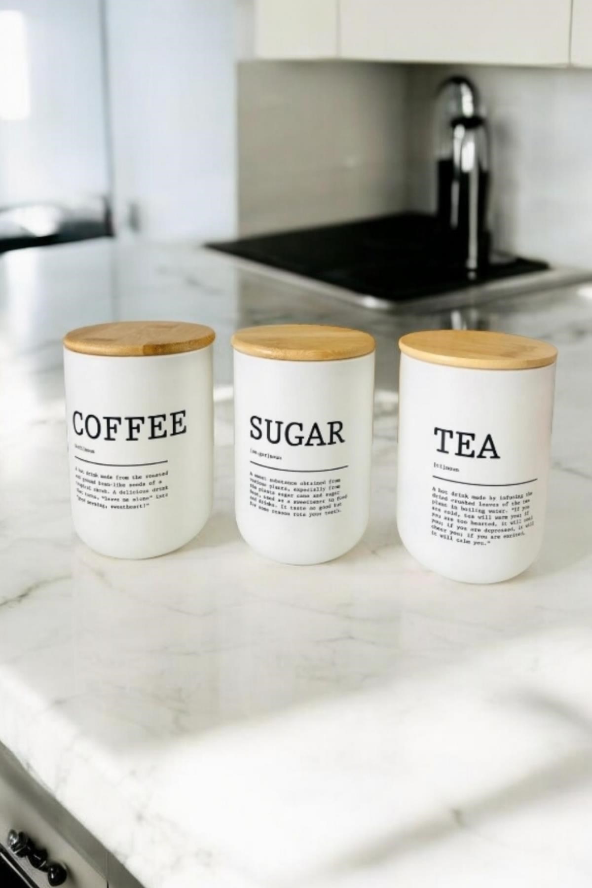 3'lü Bambu Kapaklı Çay, Kahve, Şeker Kavanozu -  Beyaz Cam Tea Sugar Coffee Saklama Seti