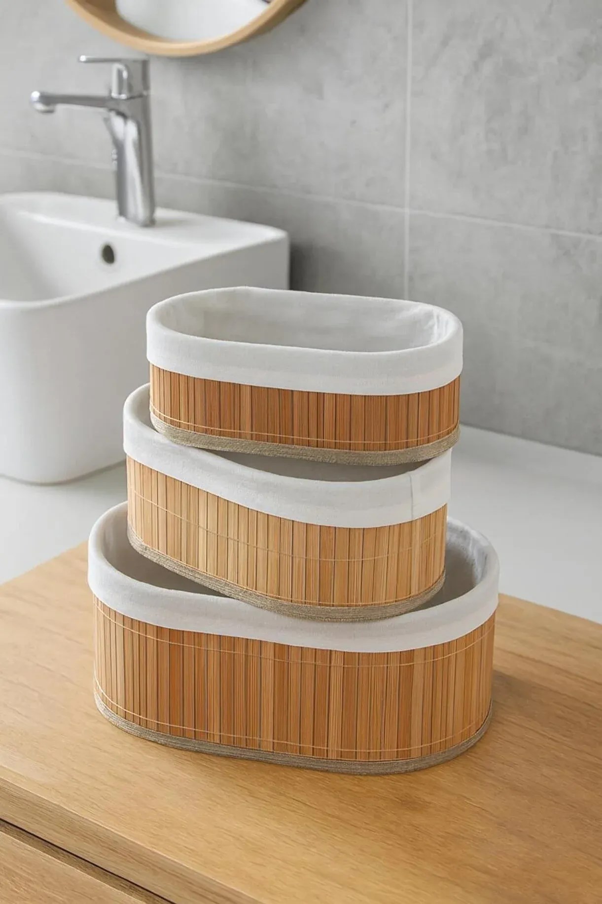 3'lü Bambu Sepet Seti – Katlanabilir Kumaş Astarlı Banyo & Ev Organizeri