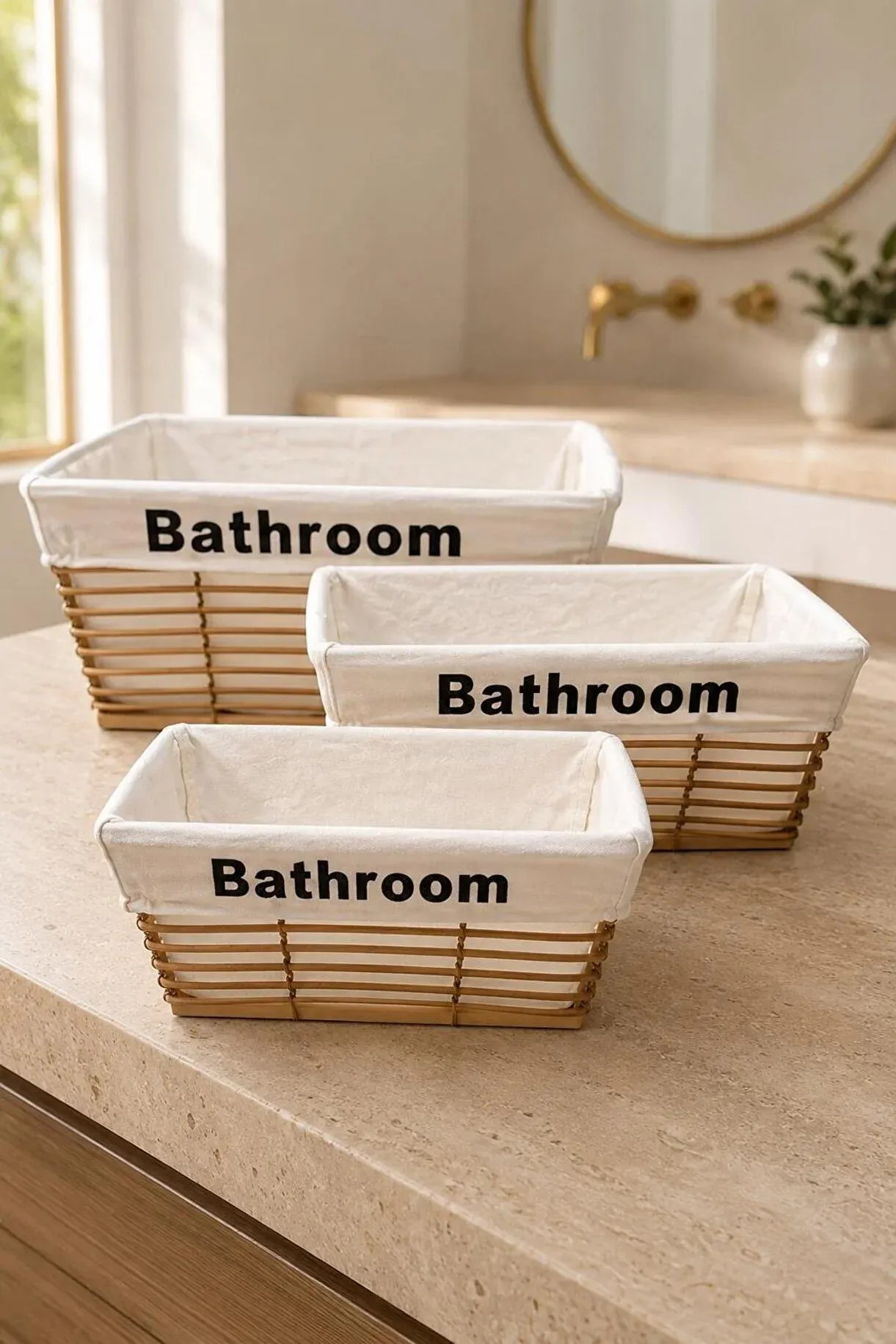 3'lü Bathroom Banyo Düzenleyici Sepet Seti | Kumaş Astarlı Dekoratif Organizer