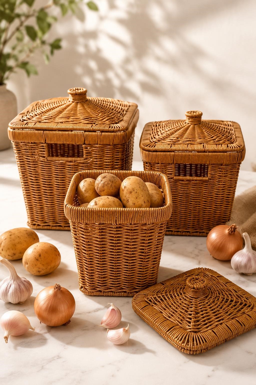 3'lü Kare Patates Soğan Sarımsak Sepeti Seti - Rattan Düzenleyici Kapaklı Sebzelik Soğanlık
