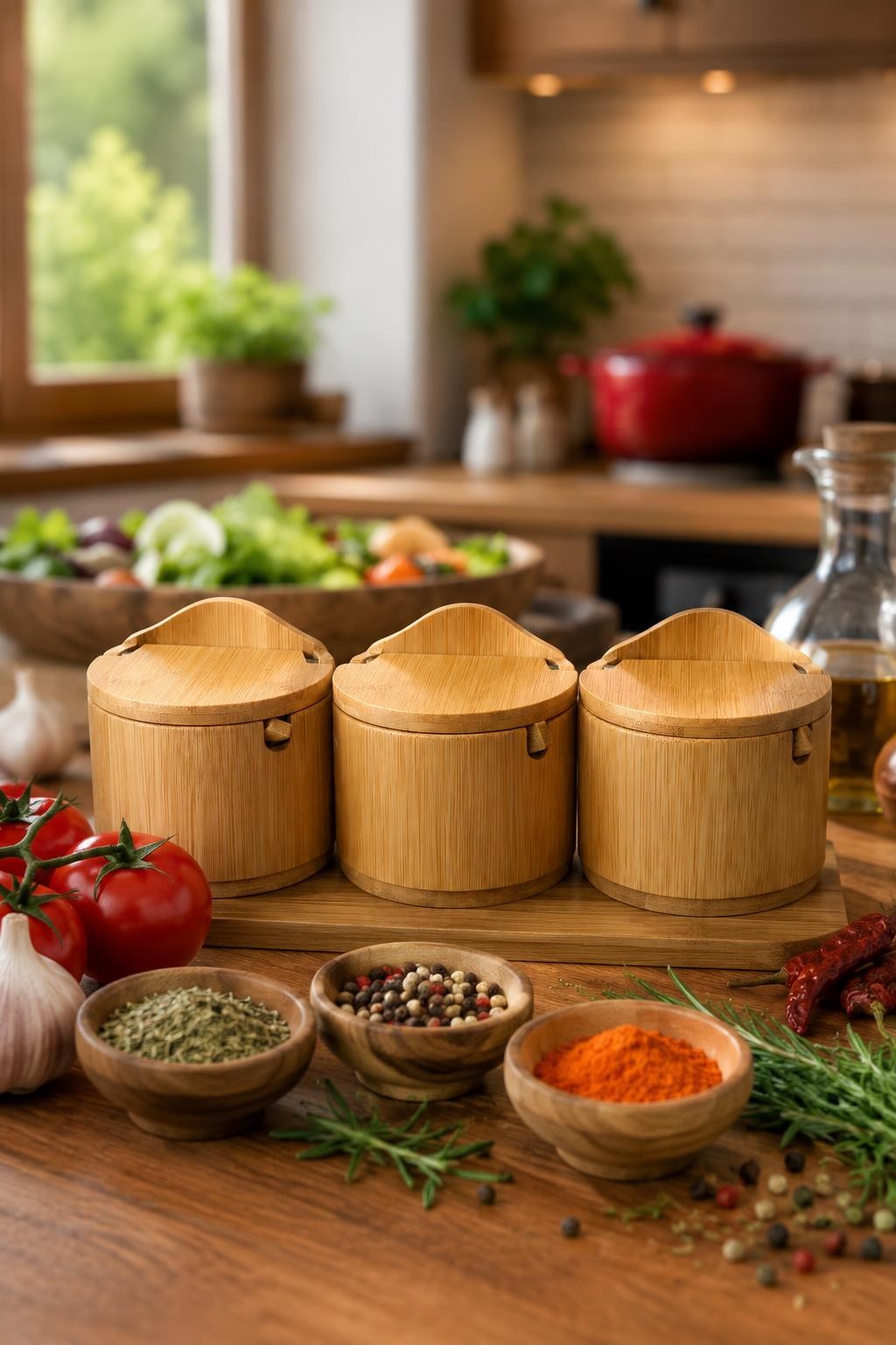 3'lü Kaşıklı Bambu Baharatlık Seti Kapaklı Saklama Kabı Kahve Şeker Tuz Kuruyemiş Organizer Şekerlik