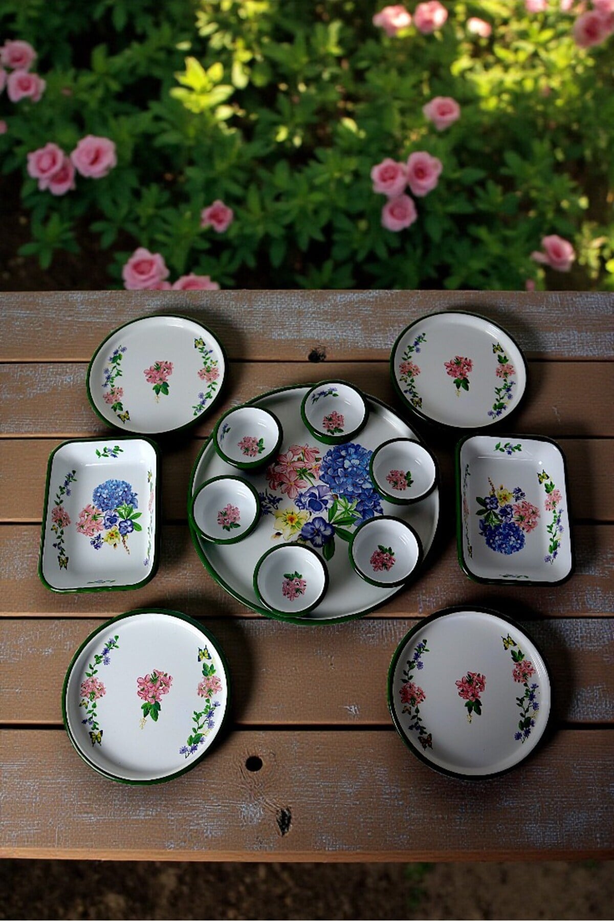 4 Kişilik Orta Boy Desenli Emaye Kahvaltı Seti,Sunum,Kahvaltı Tabağı, Reçellik,Zeytin, Peynir Tabağı