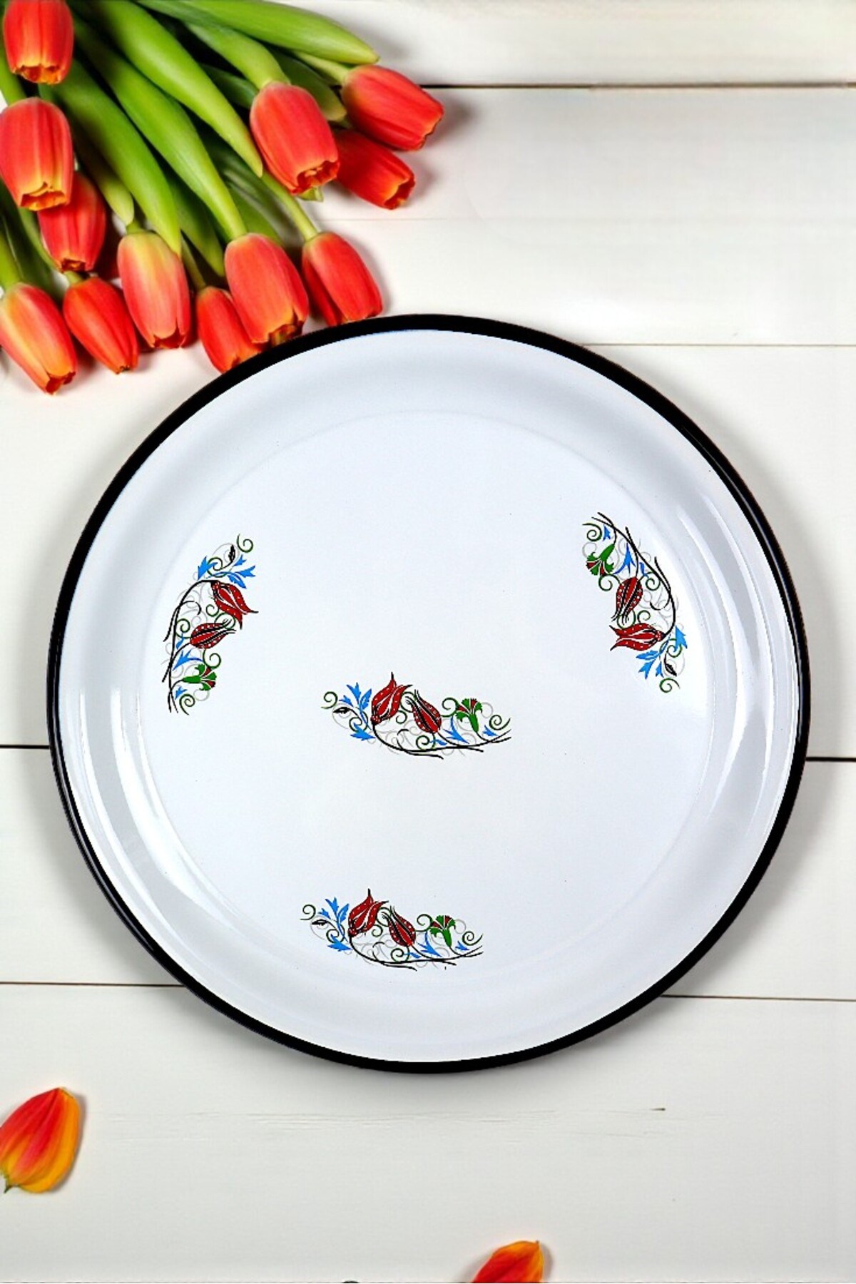40 No Emaye Sini Sofra, Yemek Sunum Tepsi, Yer Sofrası Çinko ~38 Cm