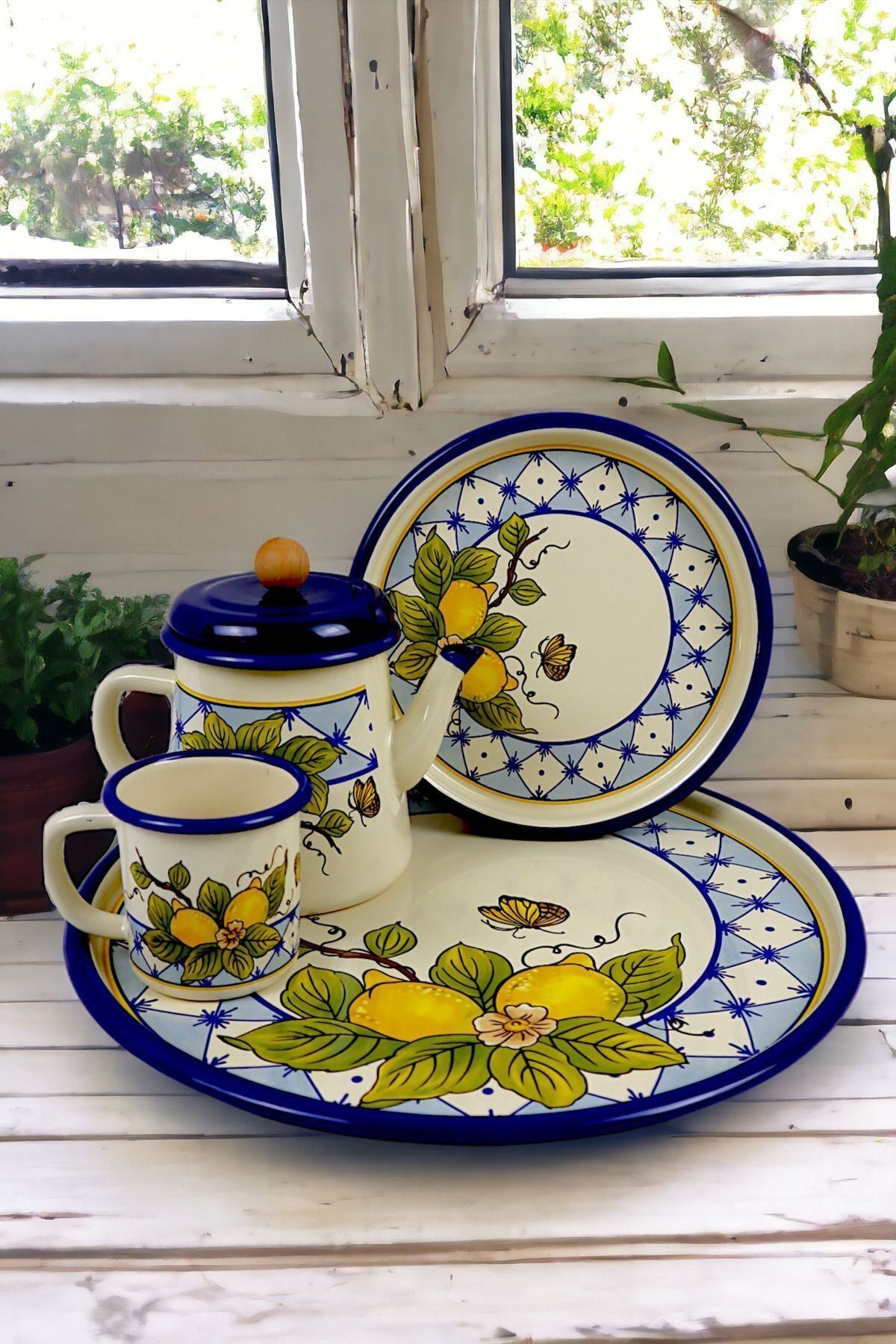 5 Parça Emaye Çay Takımı, Demlik,  Sunum, Tepsi, Sunum Tepsisi, Bitki Çayı Demliği, Çeyiz, Hediye