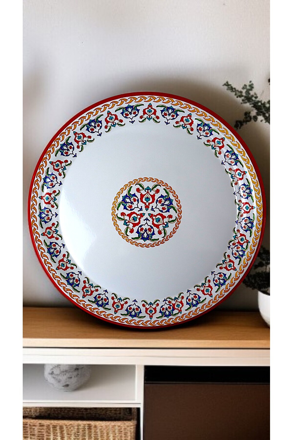 50 No kırmızı kenar Emaye Sini Sofra, Yemek Sunum Tepsi, Yer Sofrası Çinko ~48 Cm 1mm.KALIN ÜRÜN