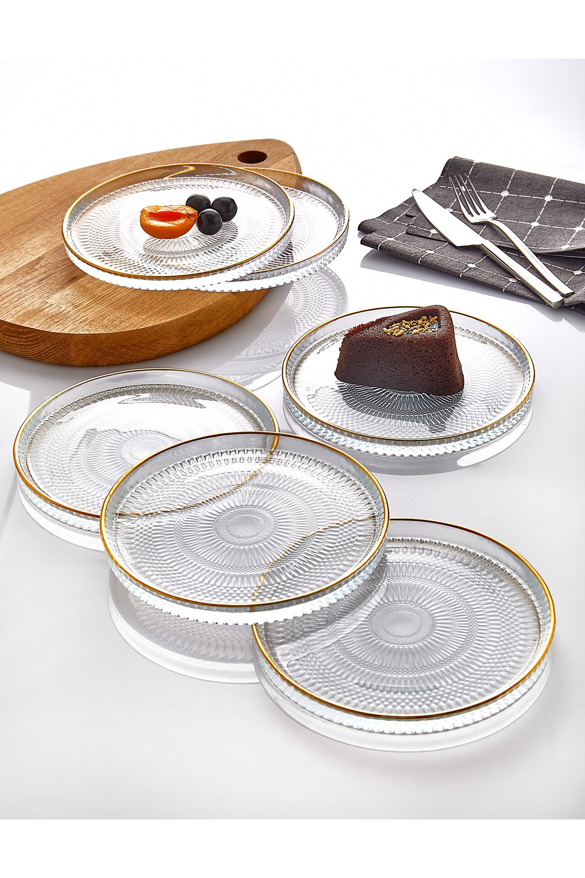 6'lı Cam Kek Pasta Tabağı Seti - Yaldızlı Lüks Pasta Takımı(16CM)