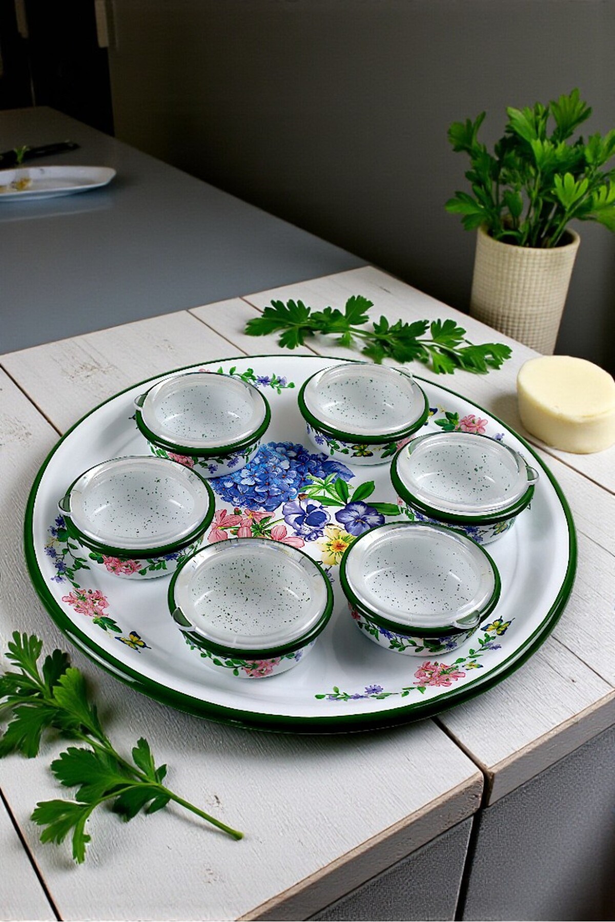 7 Parça Büyükboy kapaklı Emaye Kahvaltı Seti, Sunum, Kahvaltı Tabağı, Reçellik, Çeyiz