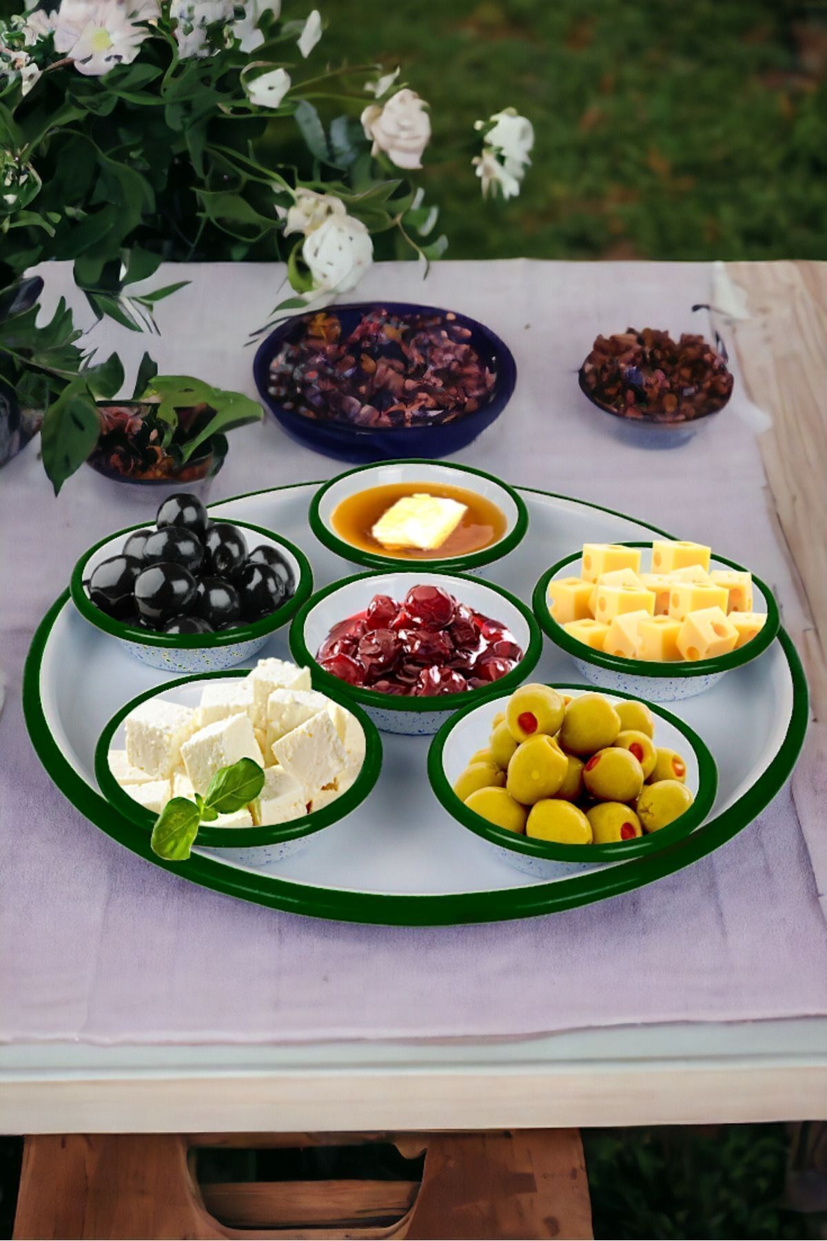7 Parça Küçükboy Emaye Kahvaltı Seti, Sunum, Kahvaltı Tabağı, Reçellik, Zeytin, Peynir Tabağı, Çeyiz