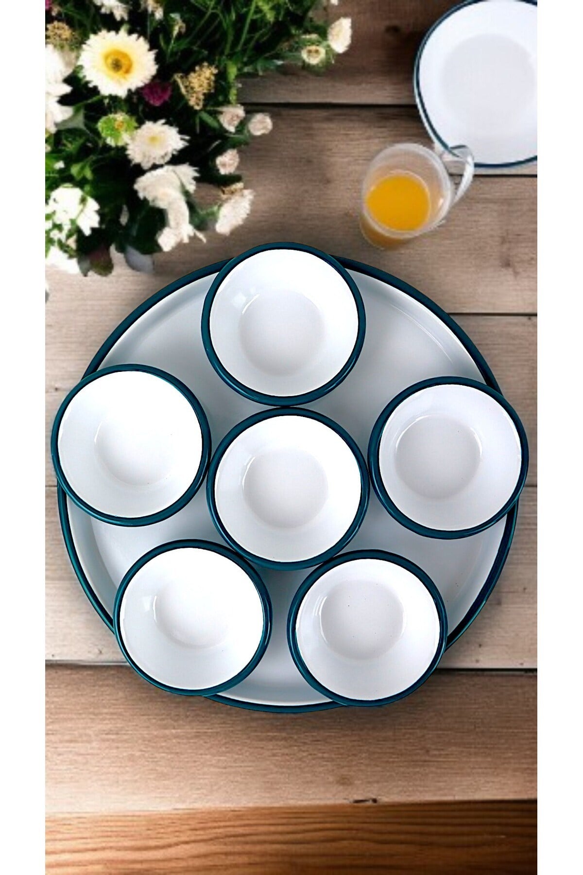 7 Parça Küçükboy Emaye Kahvaltı Seti, Sunum, Kahvaltı Tabağı, Reçellik, Zeytin, Peynir Tabağı, Çeyiz