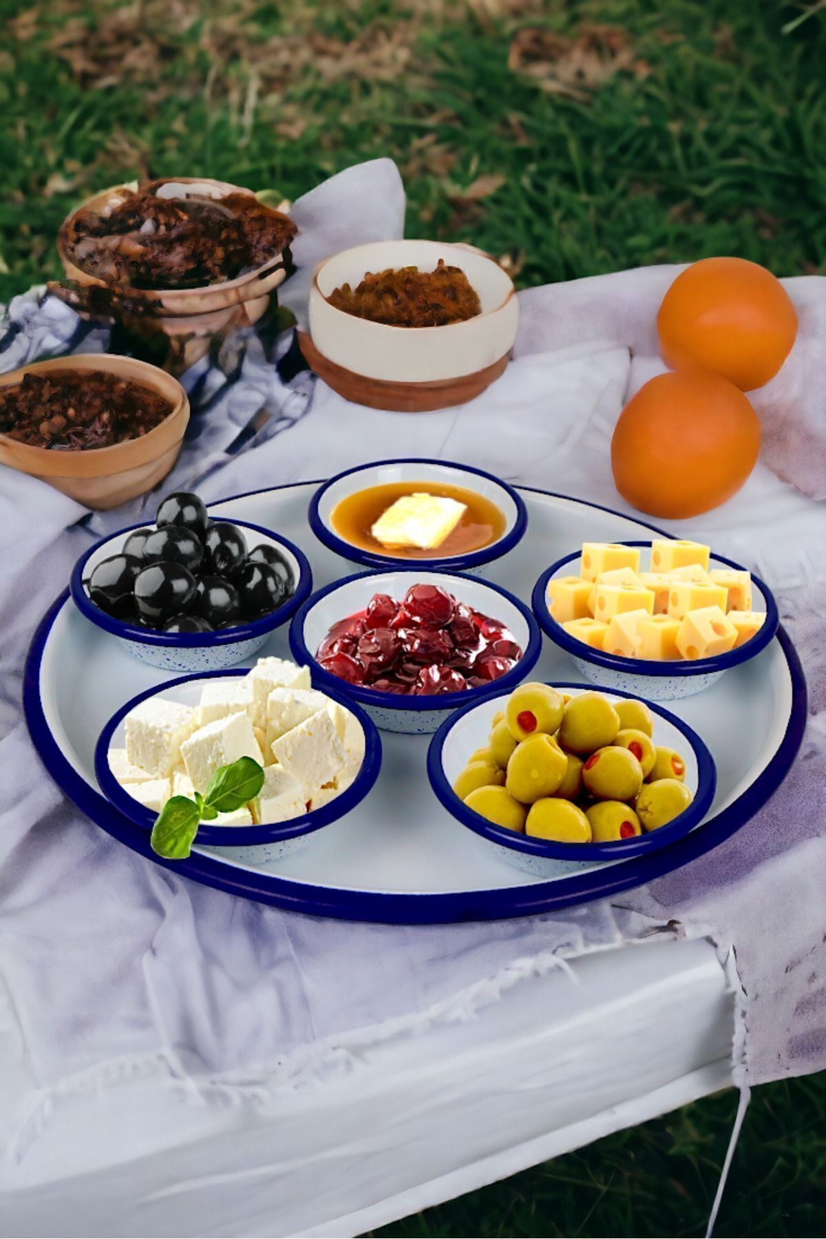7 Parça Küçükboy Emaye Kahvaltı Seti, Sunum, Kahvaltı Tabağı, Reçellik, Zeytin, Peynir Tabağı, Çeyiz